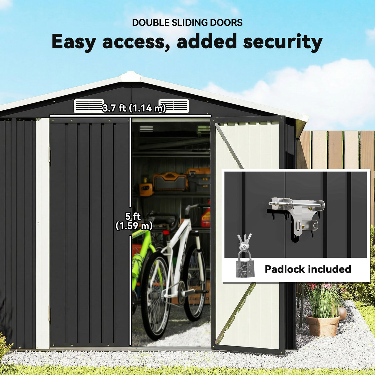 Outsunny 12 x 8 ft Garden Shed, Outdoor Storage Shed with 4 Vents and Lockable Double Doors, Dark Grey