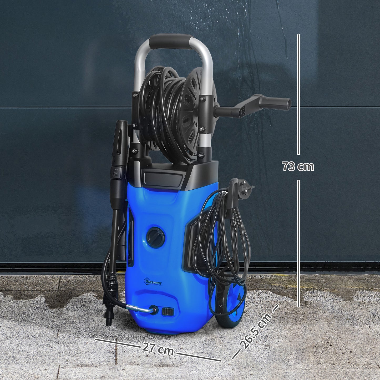 Outsunny 1800W High Pressure Washer, 150 Bar Pressure, 420 L/h Flow, Portable Power Washer Jet Wash Cleaner with Adjustable Nozzle, 6M Hose, Hose Reel, Steel Handle for Home Patio Car Driveway, Blue