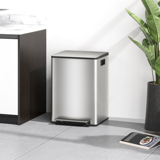 HOMCOM 40L Dual Compartment Stainless Steel Bin, with Deodoriser Holders - Silver Tone
