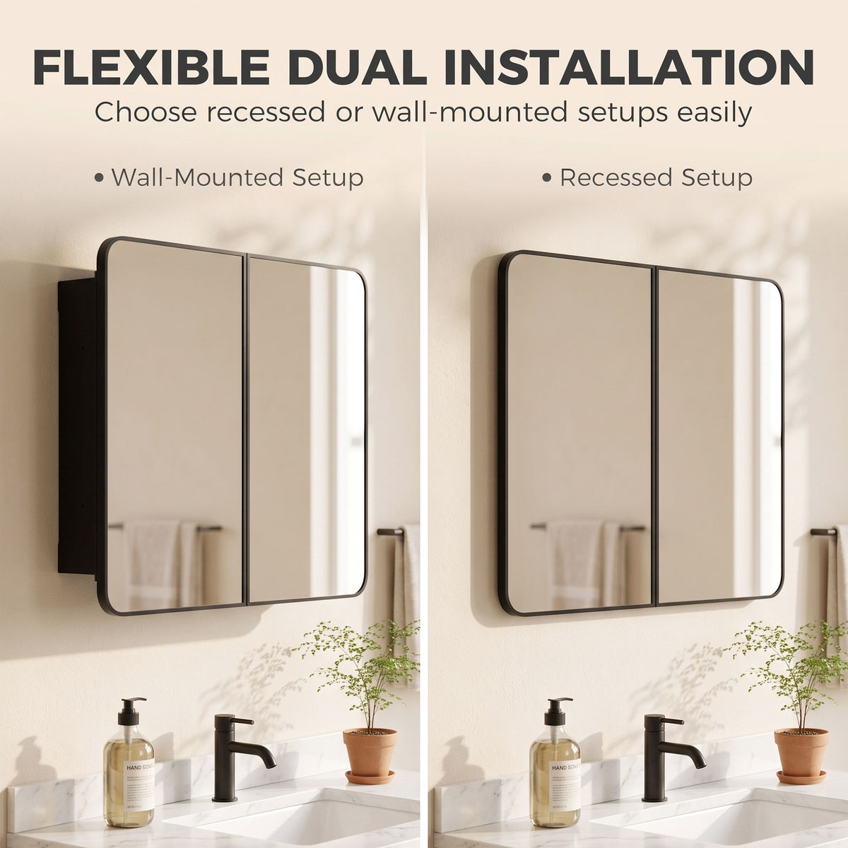 HOMCOM 76.2 x 11.6 x 61 cm Bathroom Mirror Cabinet, Wall Cabinet with Adjustable Shelves, Wall-Mounted or Recessed, Black