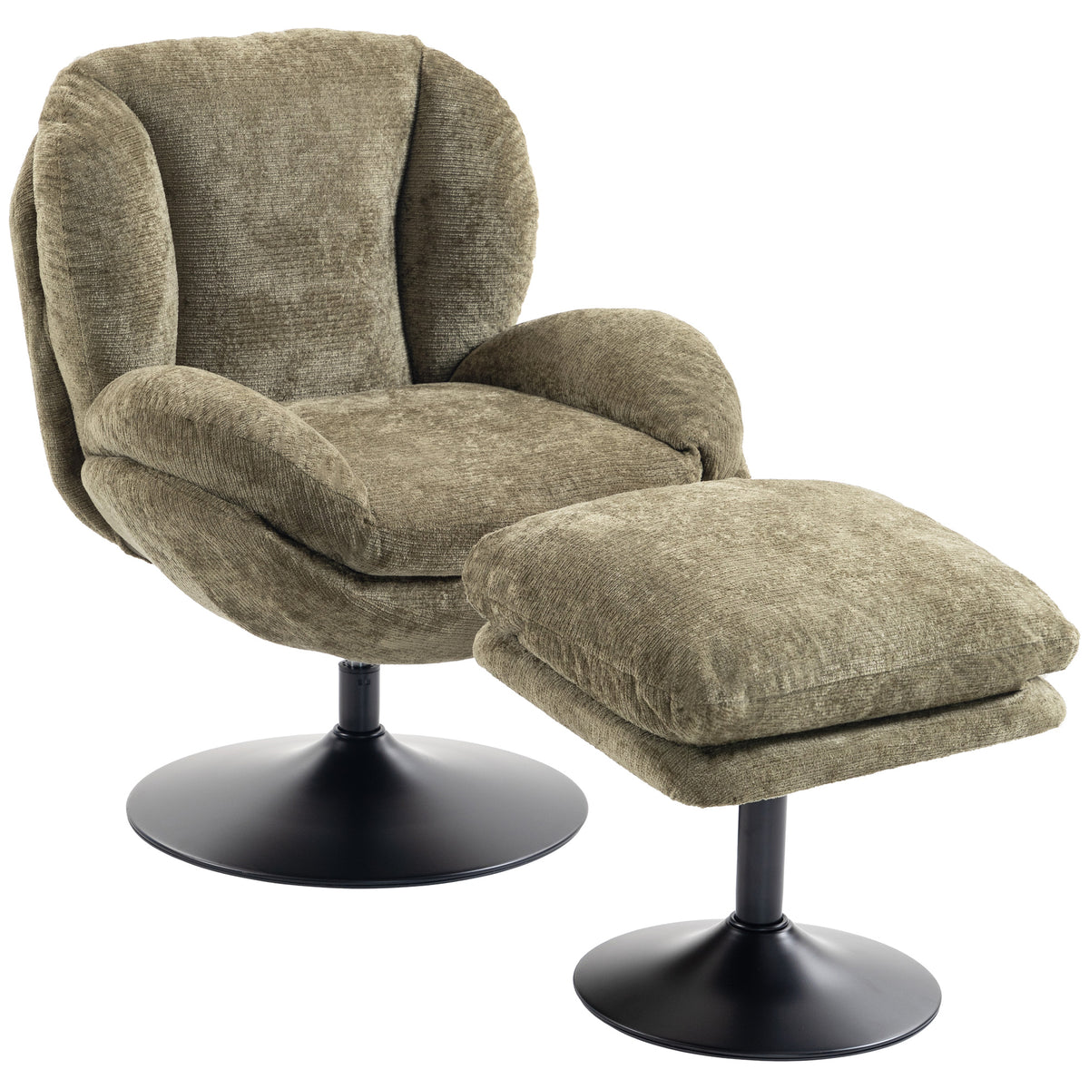 HOMCOM Modern Chenille Lazy Chair with Ottoman, 360Â° Swivel, Upholstered Reading Seat Set for Living Room, Dark Green