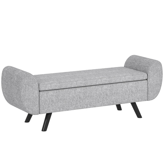 HOMCOM Storage Ottoman with Armrest, Upholstered Linen Storage Bench, Window Seat with Rubberwood Legs, Footstool for Bedroom Living Room, Hallway, Dark Grey
