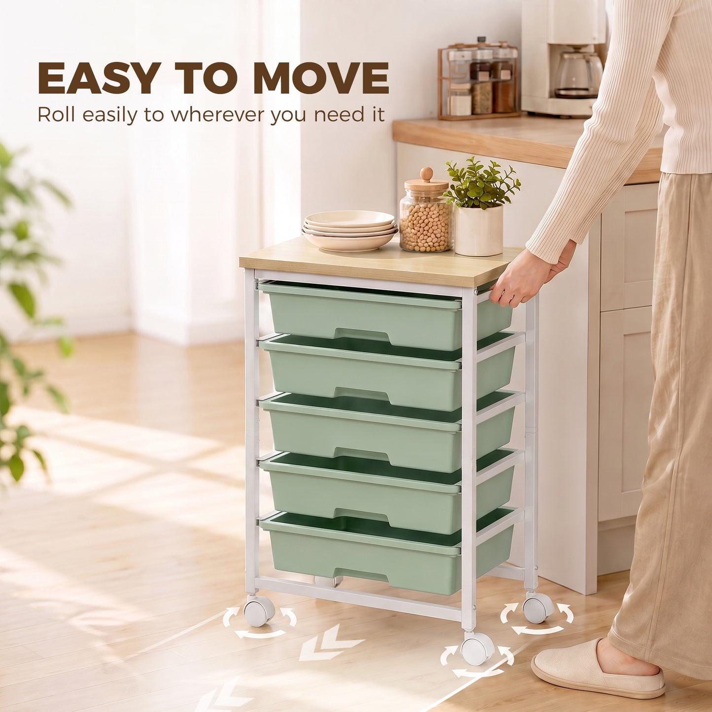 HOMCOM 6-Tier Storage Trolley on Wheels, Metal Kitchen Rolling Cart with 5 Pull-Out Drawers, Green