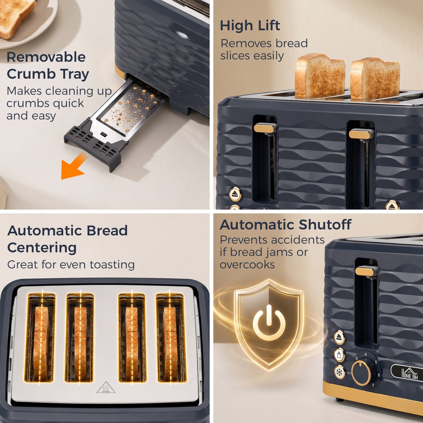 HOMCOM Toaster, Toaster 4 Slice with 7 Browning Levels, High Lift, Reheat/Defrost/Cancel, Dark Blue