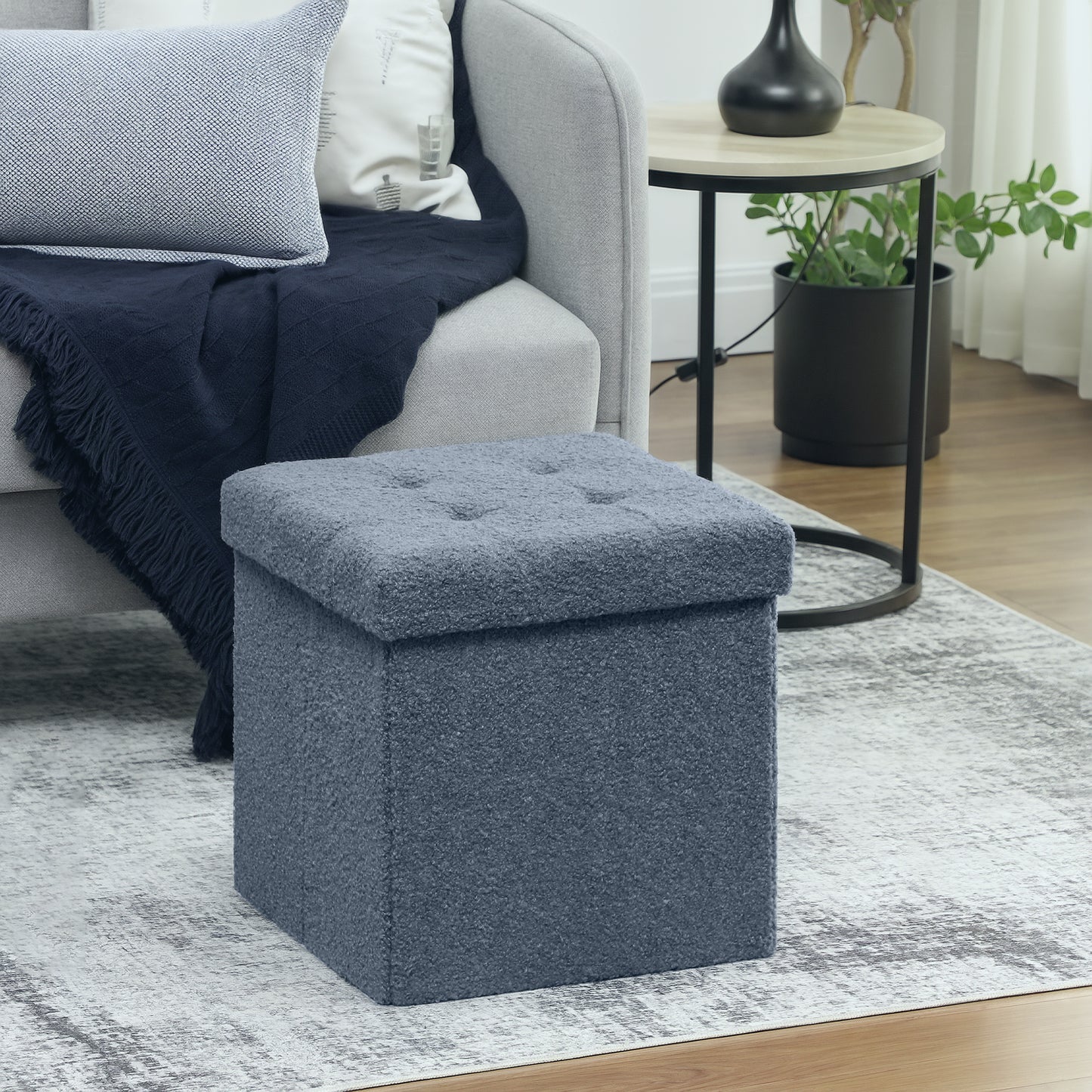 HOMCOM Foldable Sherpa Fleece Storage Ottoman - Blue