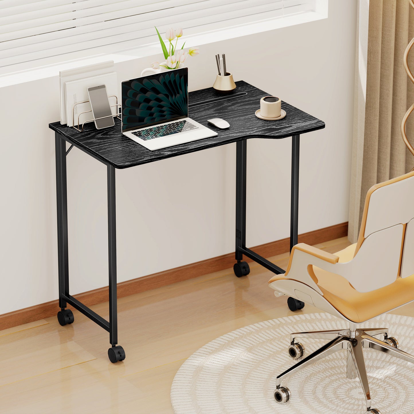 HOMCOM Folding Small Desk on Wheels - Black Wood Effect