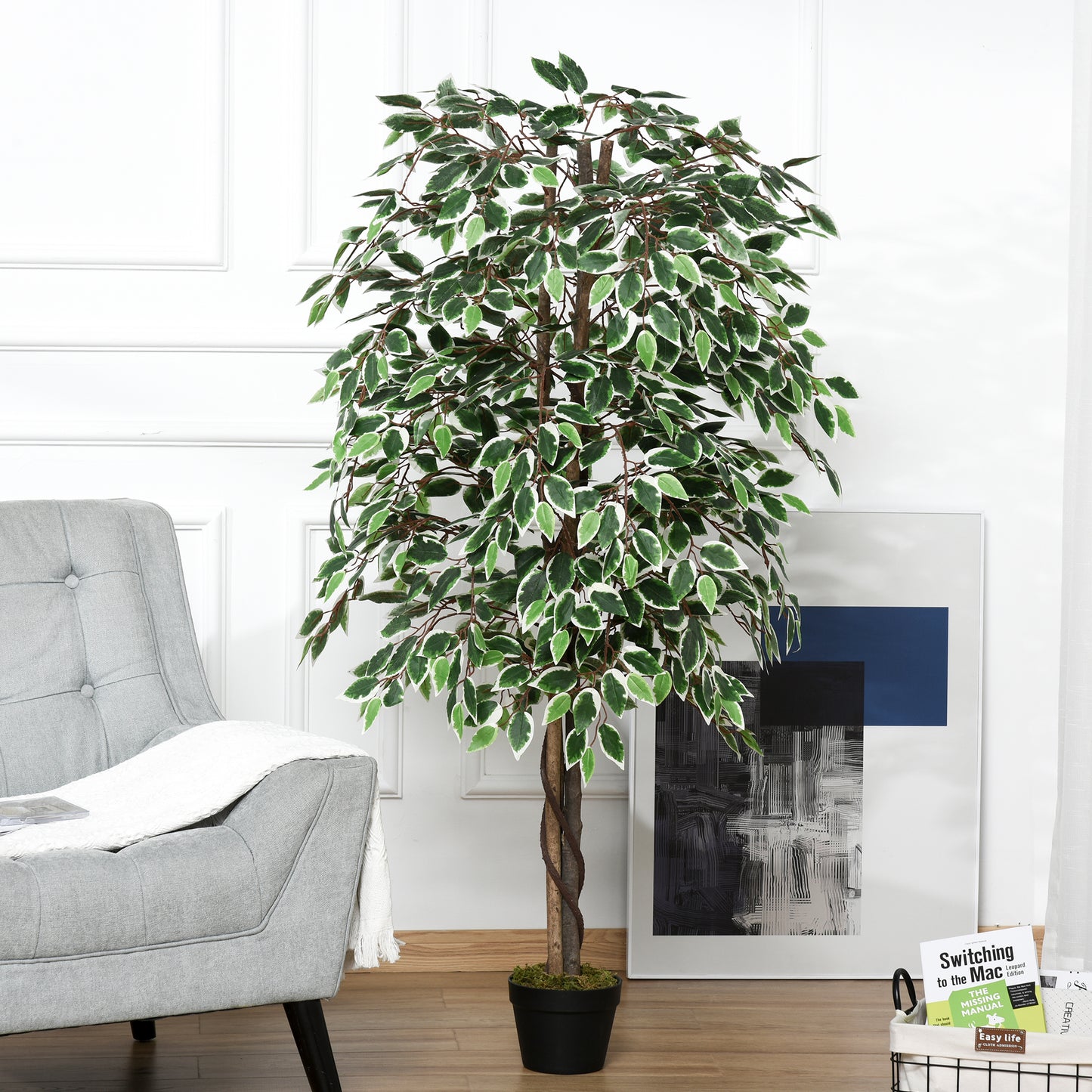 Outsunny 160cm/5.2FT Artificial Ficus Silk Tree with Nursery Pot, Decorative Fake Plant, for Indoor Outdoor DÃ©cor