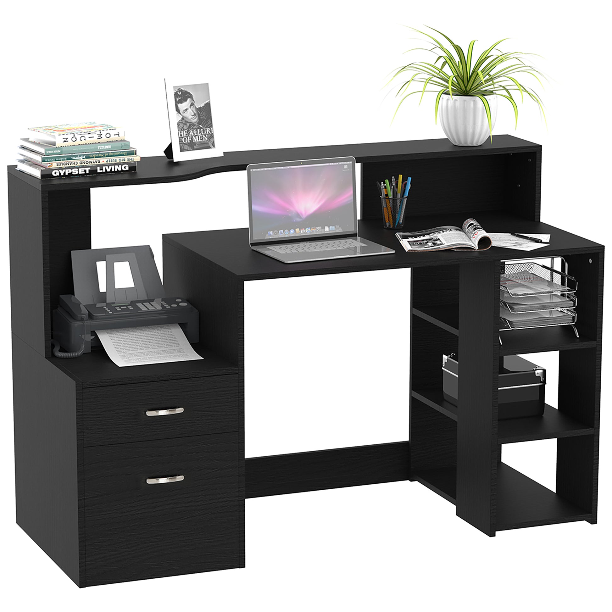 HOMCOM Computer Desk with Drawers and Storage Shelves, Office Desk Writing Table with Printer Stand, Large Workstation for Study Play Work Home Office, 137 x 55 x 92cm, Black