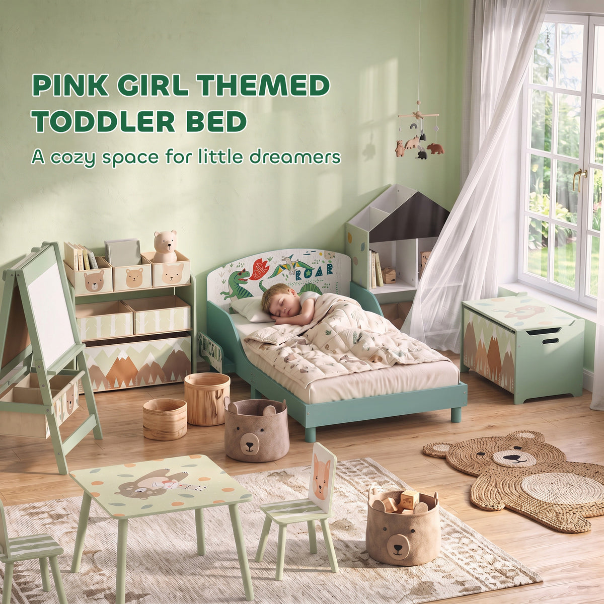 AIYAPLAY Toddler Bed with Bedside Storage and Guard Rails for 3-8, Fits 140 x 70 x 10cm Mattress, Green Dinosaur Print