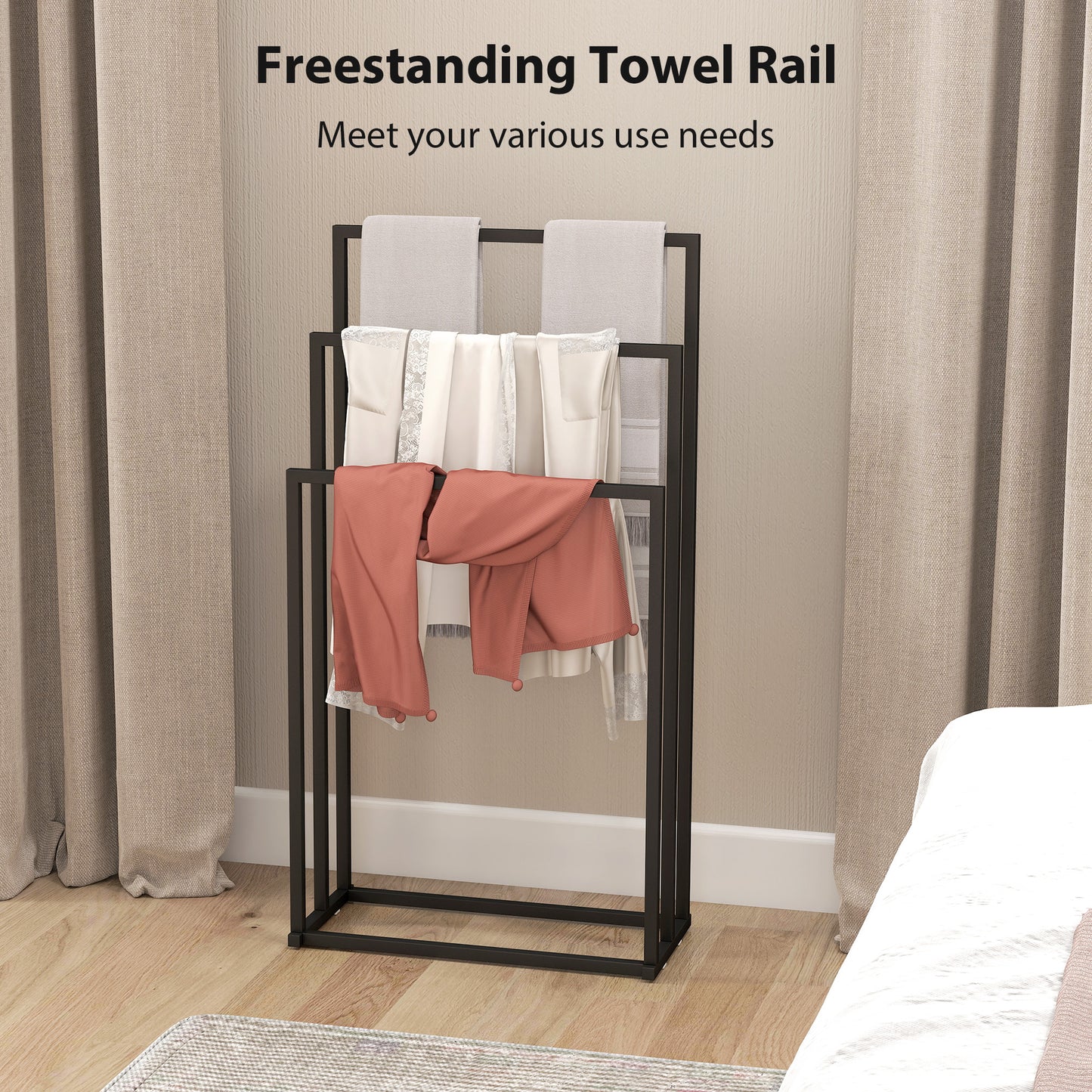 HOMCOM Freestanding Towel Rack, Steel Towel Rail Holder with 3 Bars, Black