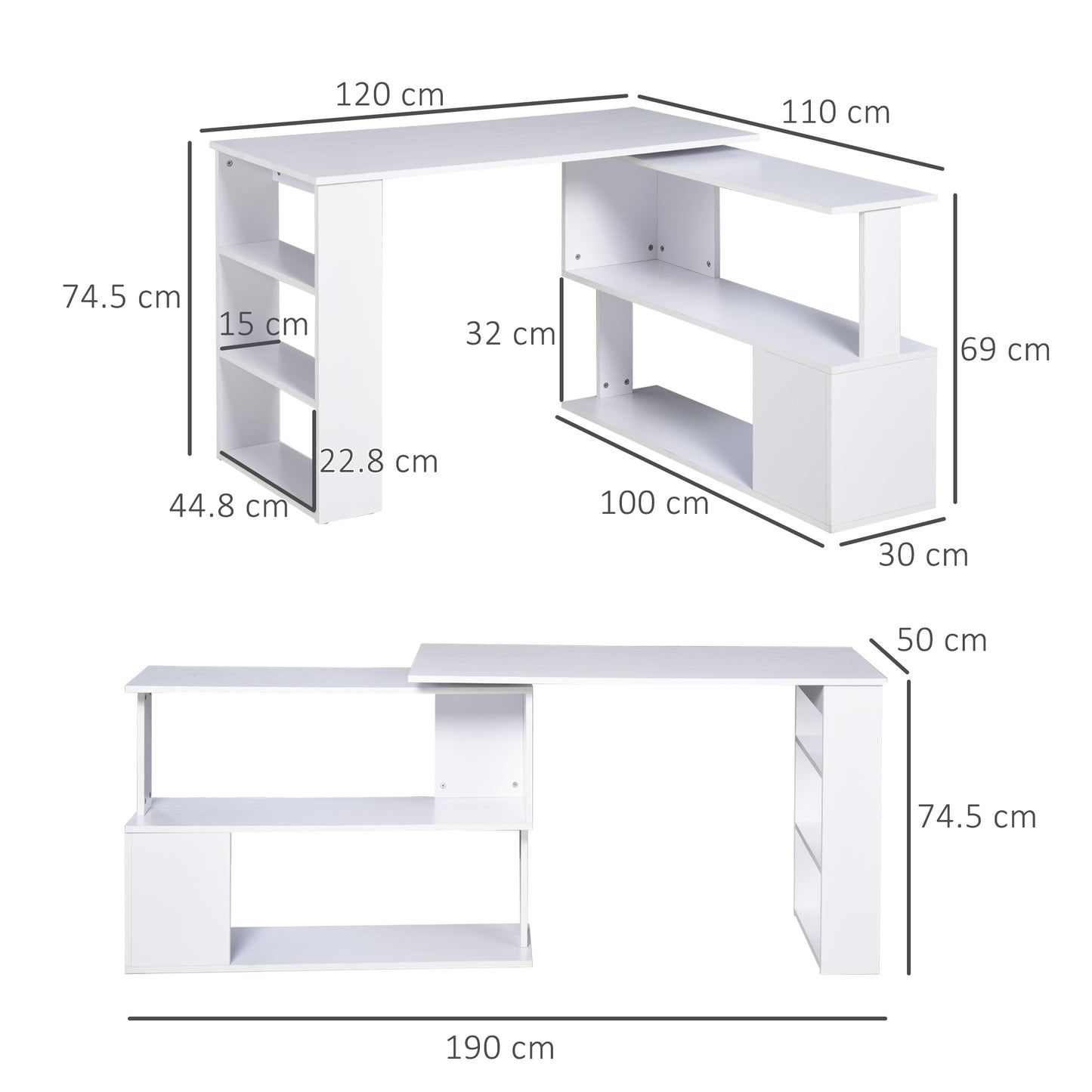 HOMCOM Corner Computer Desk, L Shaped Desk with 360Â° Rotating Bookshelf, 120L x 110W x 74.5H cm, White