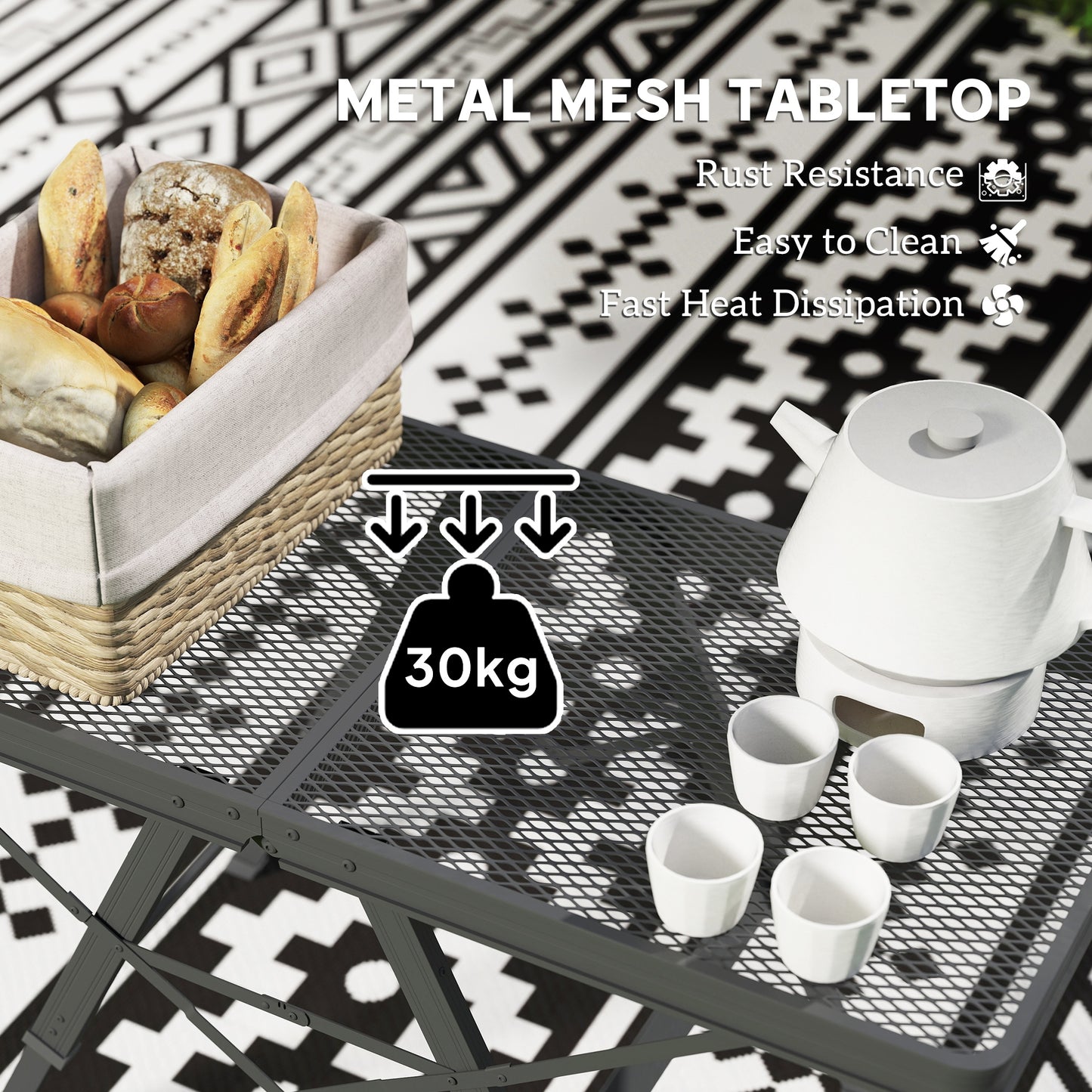 Outsunny 3 ft Folding Camping Table w/ Adjustable Heights, Portable Lightweight Outdoor Folding Picnic Table with Metal Mesh Desktop & Aluminium Legs for Picnic, Garden, Party, Black