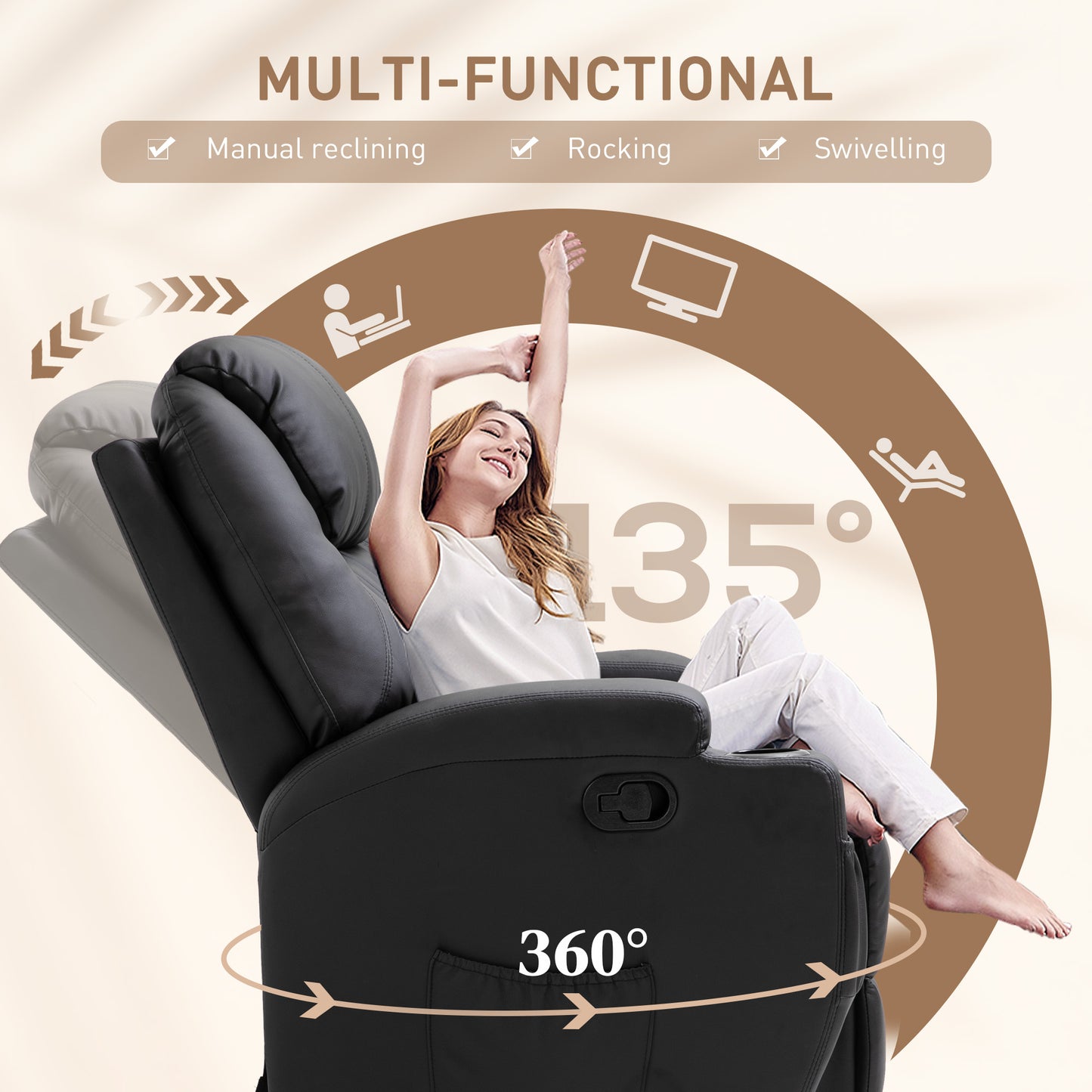 HOMCOM Recliner Chair, Recliner Massage Rocker Chair with 360Â° Rotate, 165Â° Reclining Function, Adjustable Footrest, Swivel Armchair Single Sofa for Living Room with Drink Holders, Side Pockets, Black