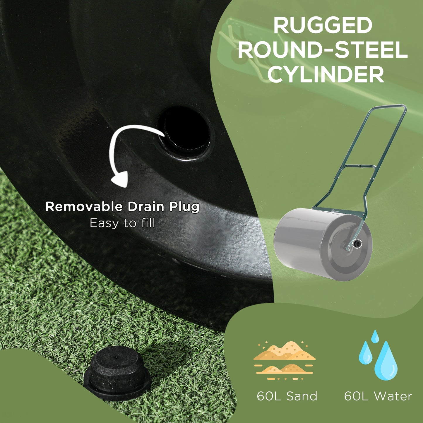 Outsunny 50cm Steel Garden Lawn Roller Push Pull w/ Fillable Cylinder Water Sand Plug Lawn Flatten Seed Sow Rolling Drum w/ Handle