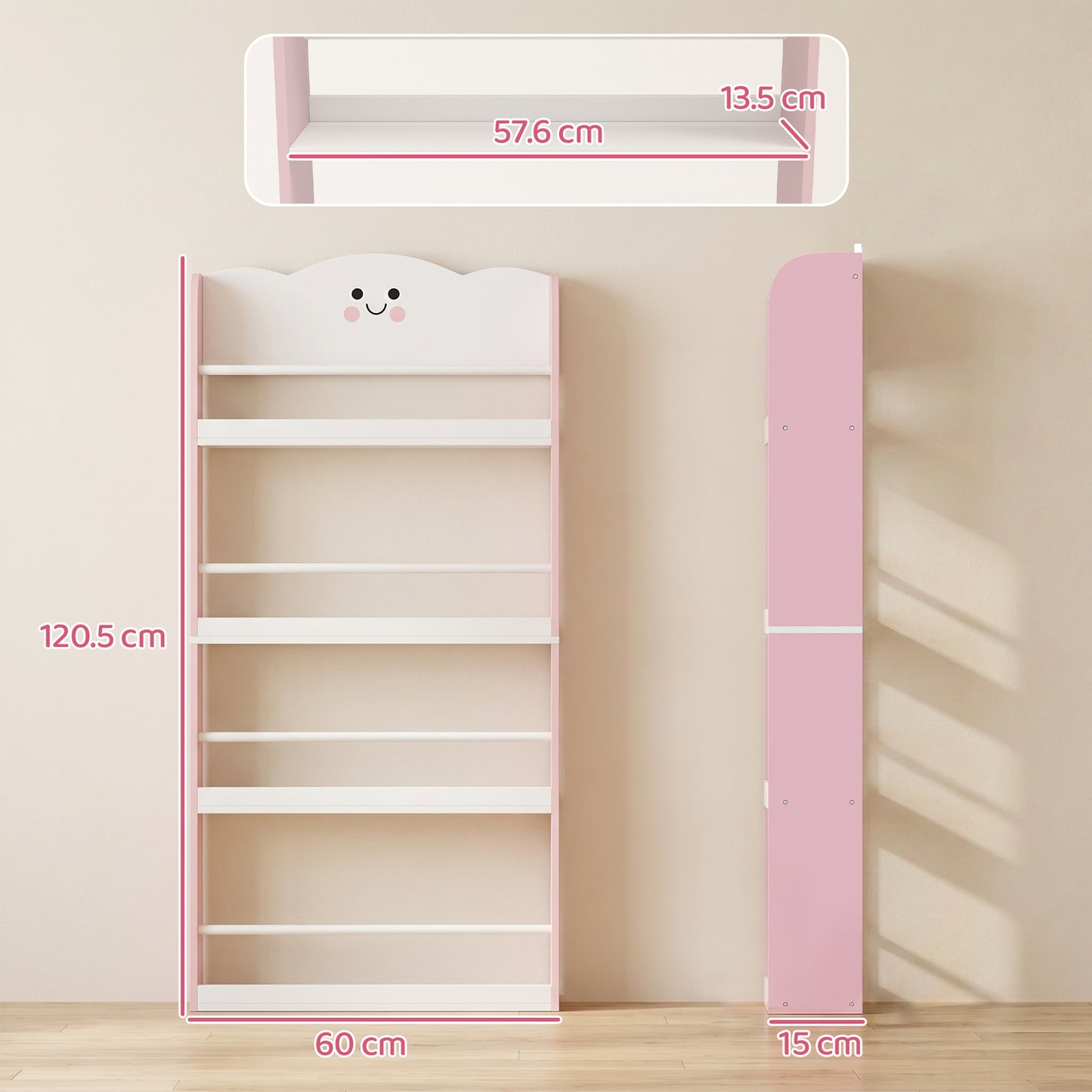 AIYAPLAY 4 Tier Kids Bookshelf, Wall-Mounted Children Bookcase, Toddler Space-Saving Bookcase for Kids Room, Playroom, Pink