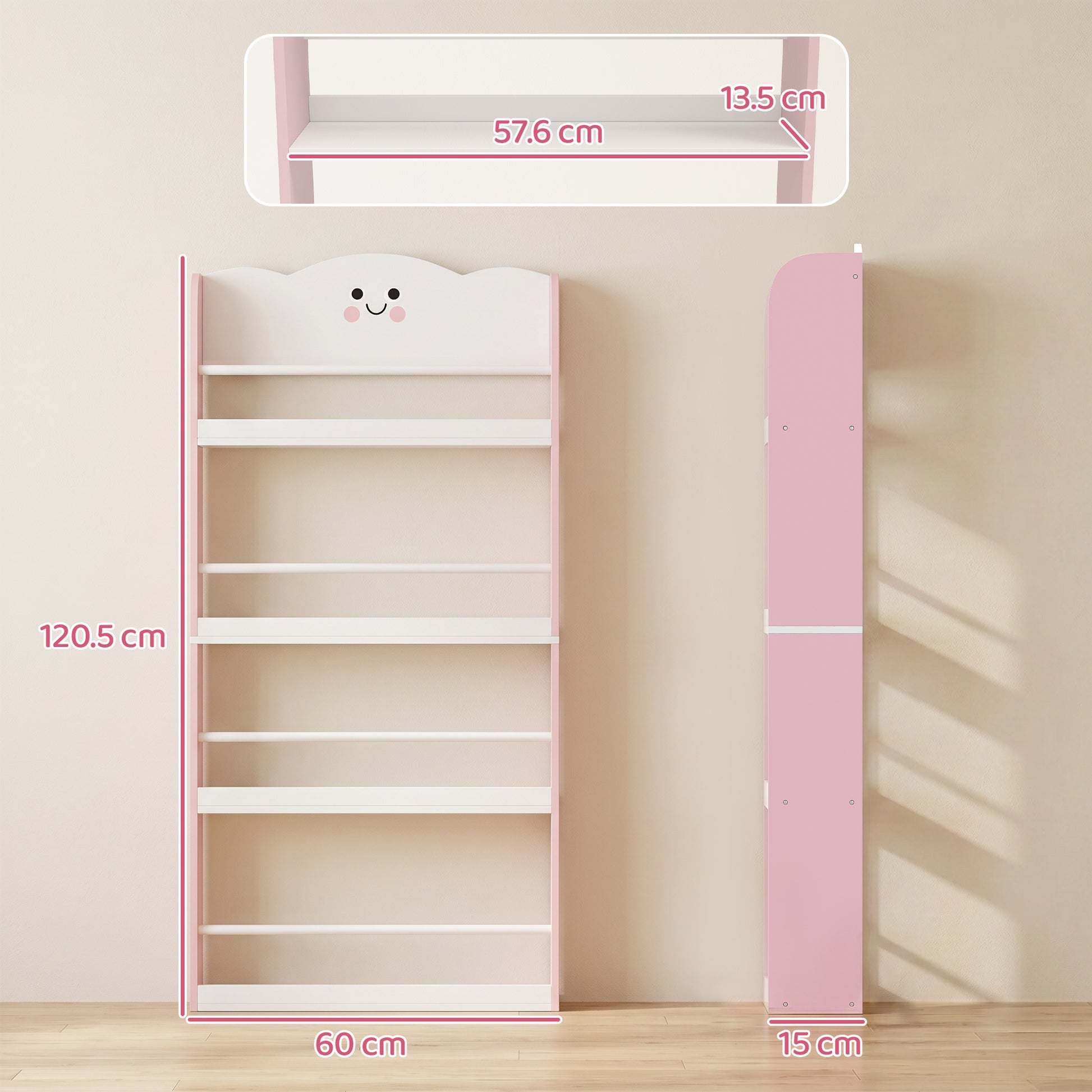 AIYAPLAY 4 Tier Kids Bookshelf, Wall-Mounted Children Bookcase, Toddler Space-Saving Bookcase for Kids Room, Playroom, Pink