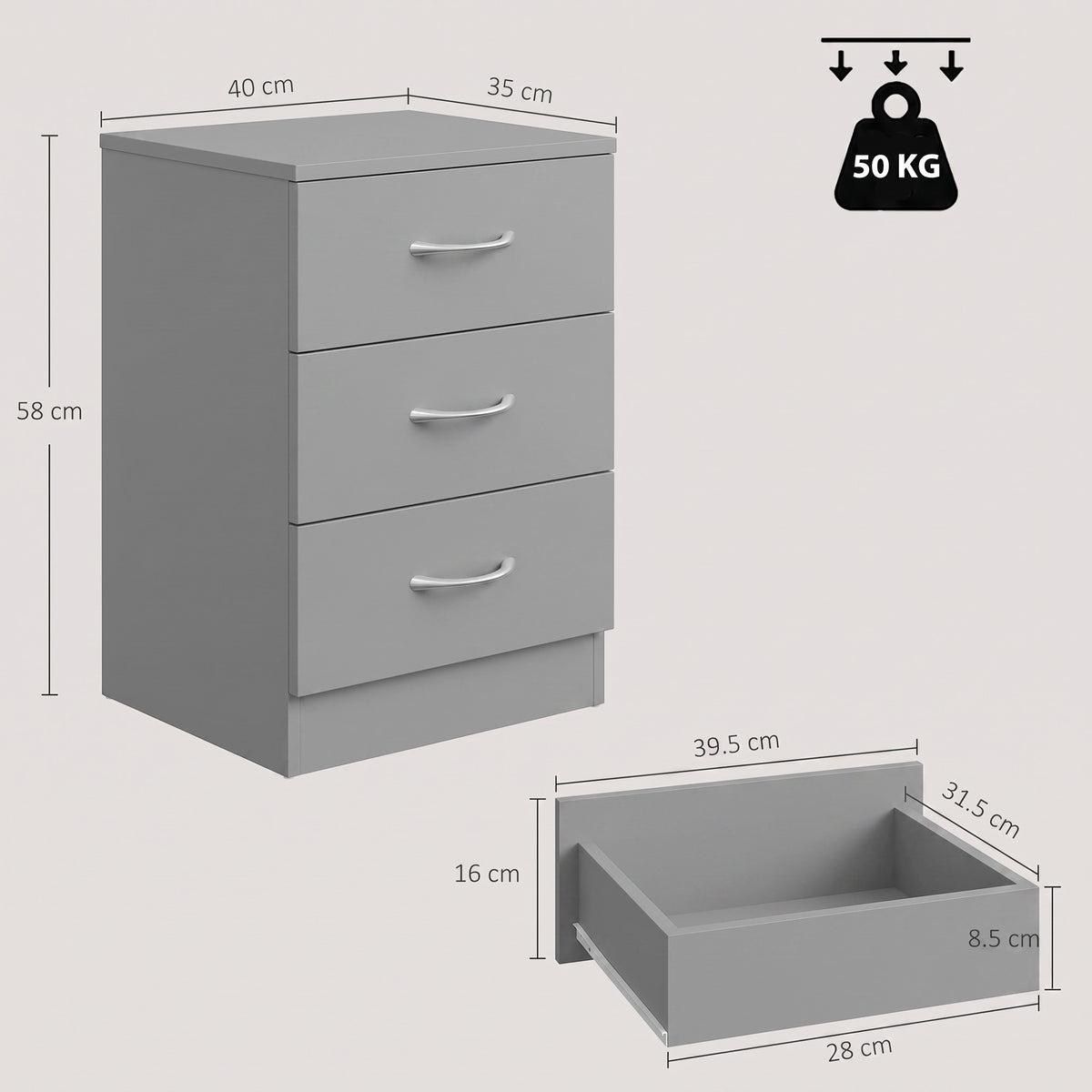 HOMCOM Three-Drawer Simple Bedside Table - Grey