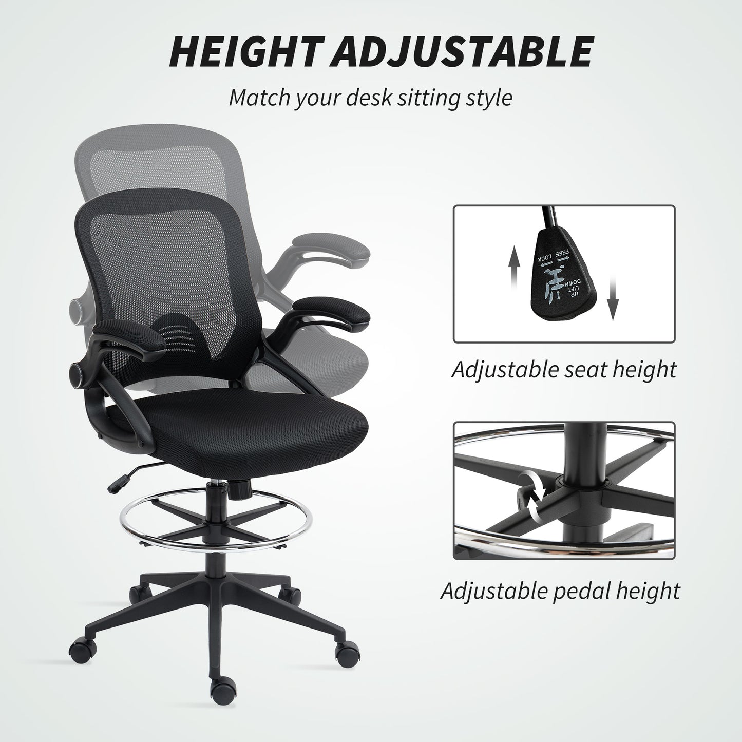 Vinsetto Drafting Chair with Flip-up Armrest, Mesh Office Stool with Foot Ring, 360 Degree Swivel Height Adjustable Chair for Standing Desk, Black