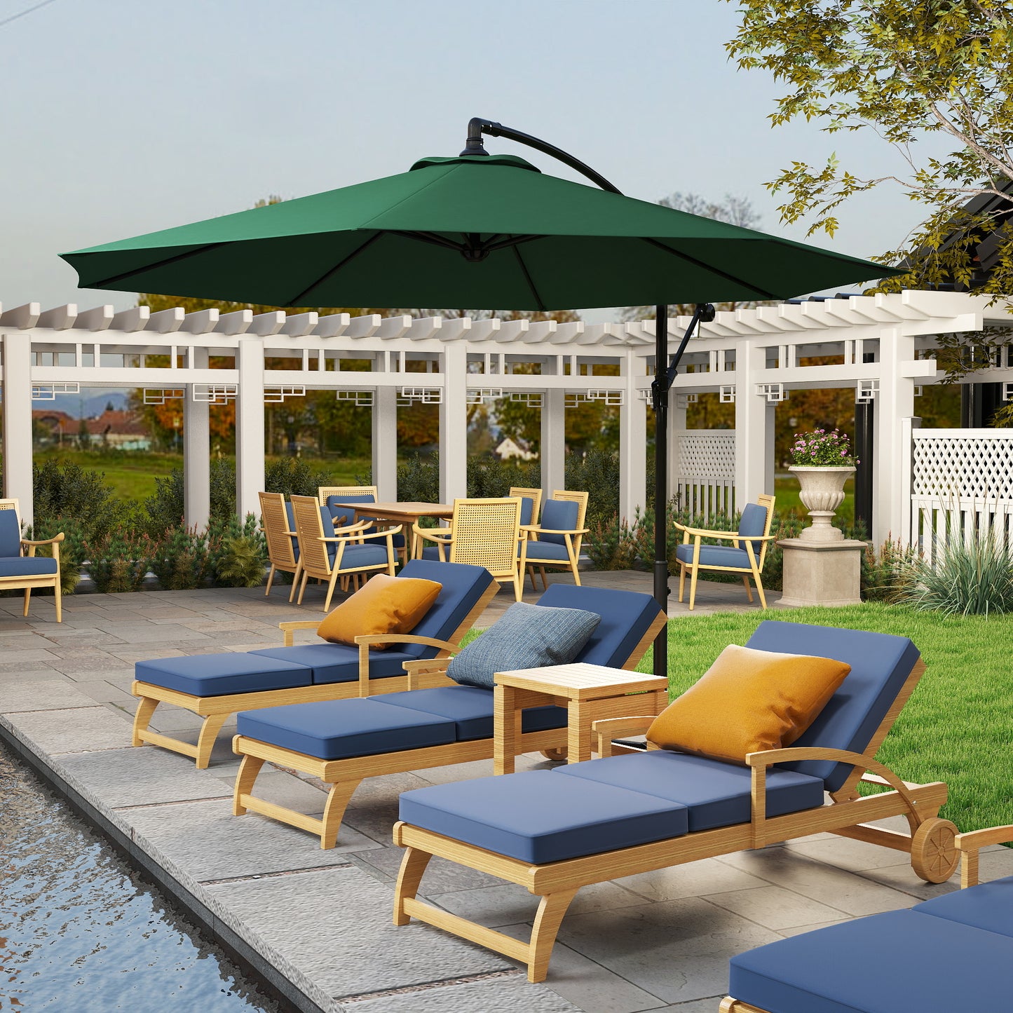 Outsunny 3(m) Banana Parasol Hanging Cantilever Umbrella with Crank Handle, 8 Ribs and Cross Base for Outdoor, Sun Shade, Dark Green