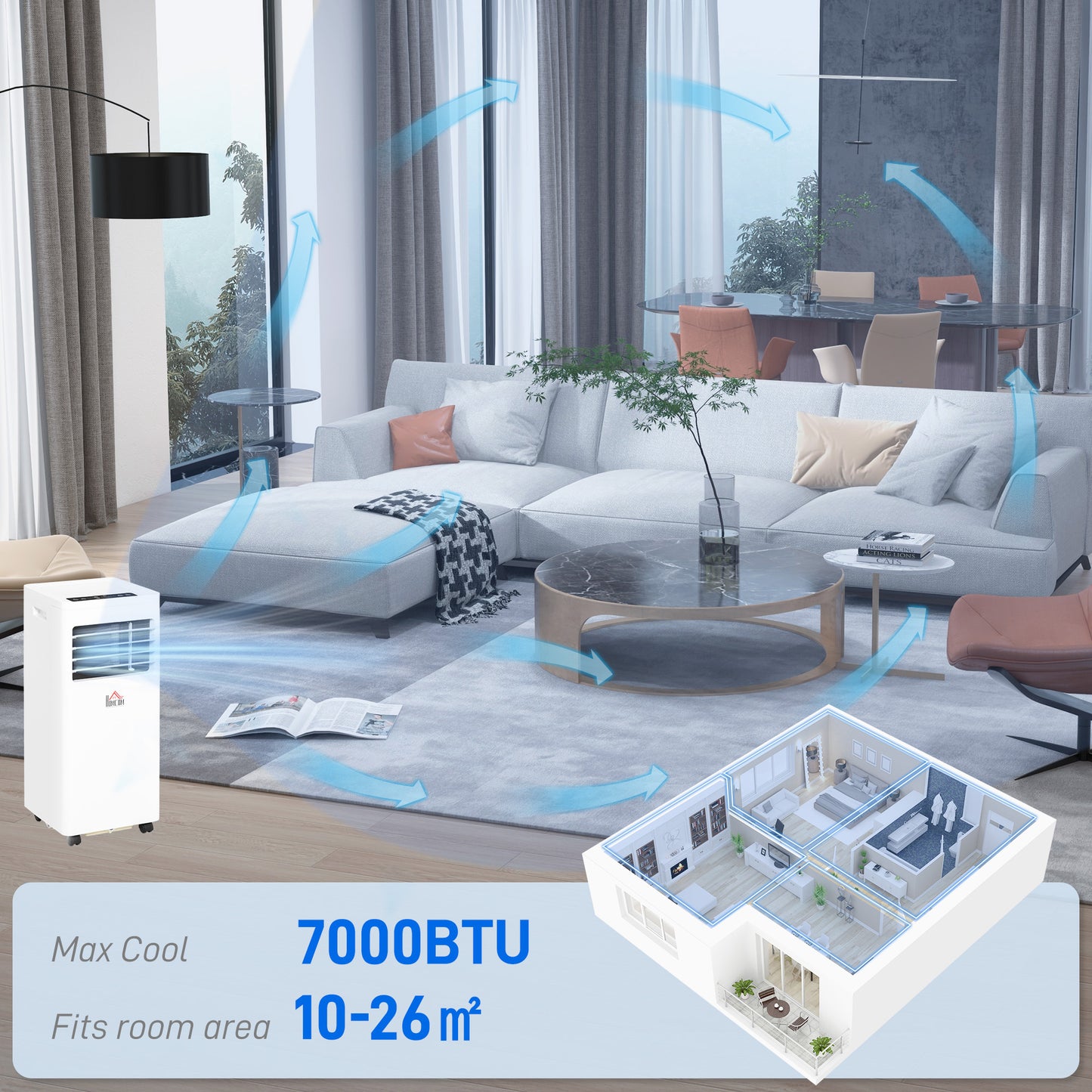 HOMCOM 7000 BTU Air Conditioning Unit, 3-in-1 Portable Air Conditioner, Dehumidifier, Cooling Fan with 2 Speeds, 24H Timer, Remote Control, Digital Display, Window Venting Kit, 26mÂ²