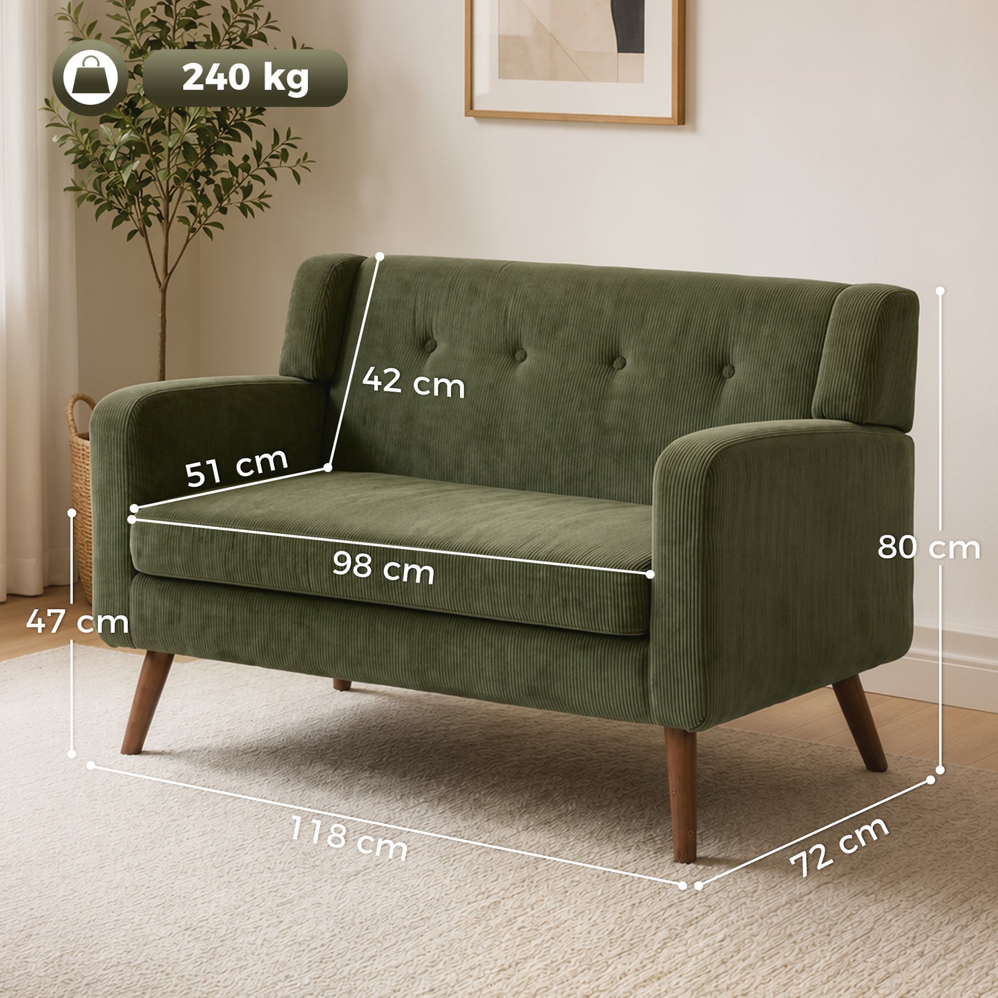 HOMCOM 2 Seater Sofa, 118 cm Corduroy Small Loveseat with Spring Cushion, Wood Legs for Small Space, Living Room, Dark Green