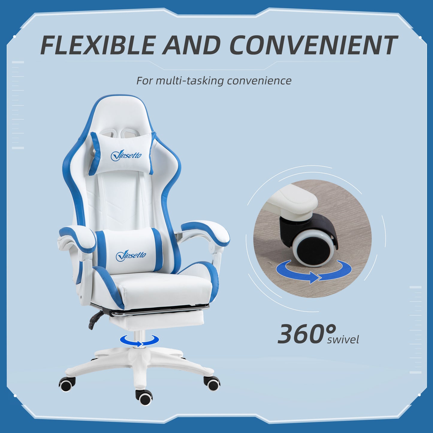 Vinsetto Computer Gaming Chair, PU Leather Office Desk Chair with Footrest, Swivel Wheels, 135Â° Reclining Back, Lumbar Support, Headrest for Home, White and Blue