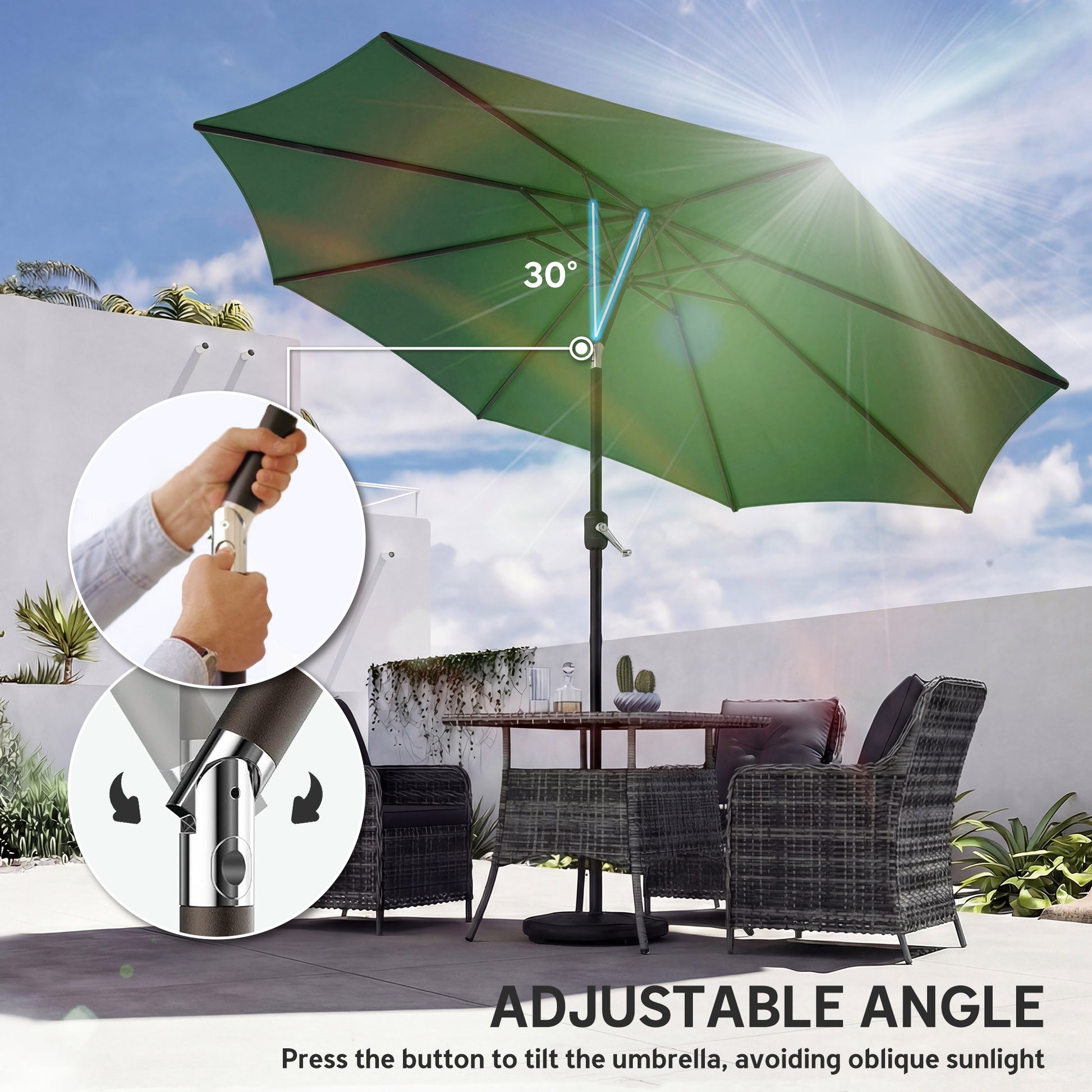 Outsunny 2.7 m Garden Parasol Umbrella with Cross Base and Sandbag, Retractable Ribs, Outdoor Table Market Umbrella, Green