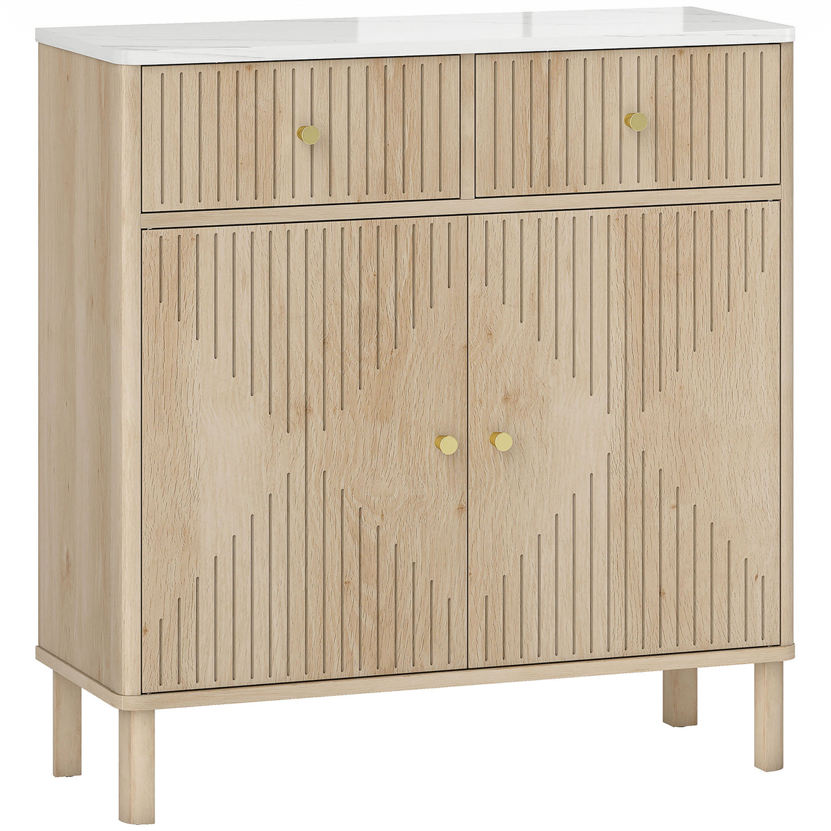 HOMCOM Sideboard Storage Cabinet, Fluted Kitchen Cupboard with Marble-Effect Top, 2 Drawers, 2 Doors and Adjustable Shelf, Oak Default Title