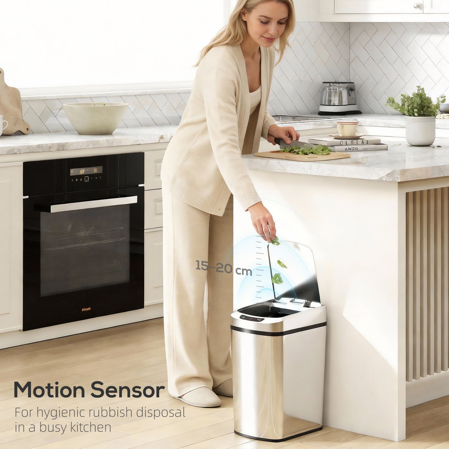HOMCOM 12L Sensor Bin, Automatic Touchless Motion Sensor Kitchen Bin with Fingerprint Resistant Stainless Steel, Silver