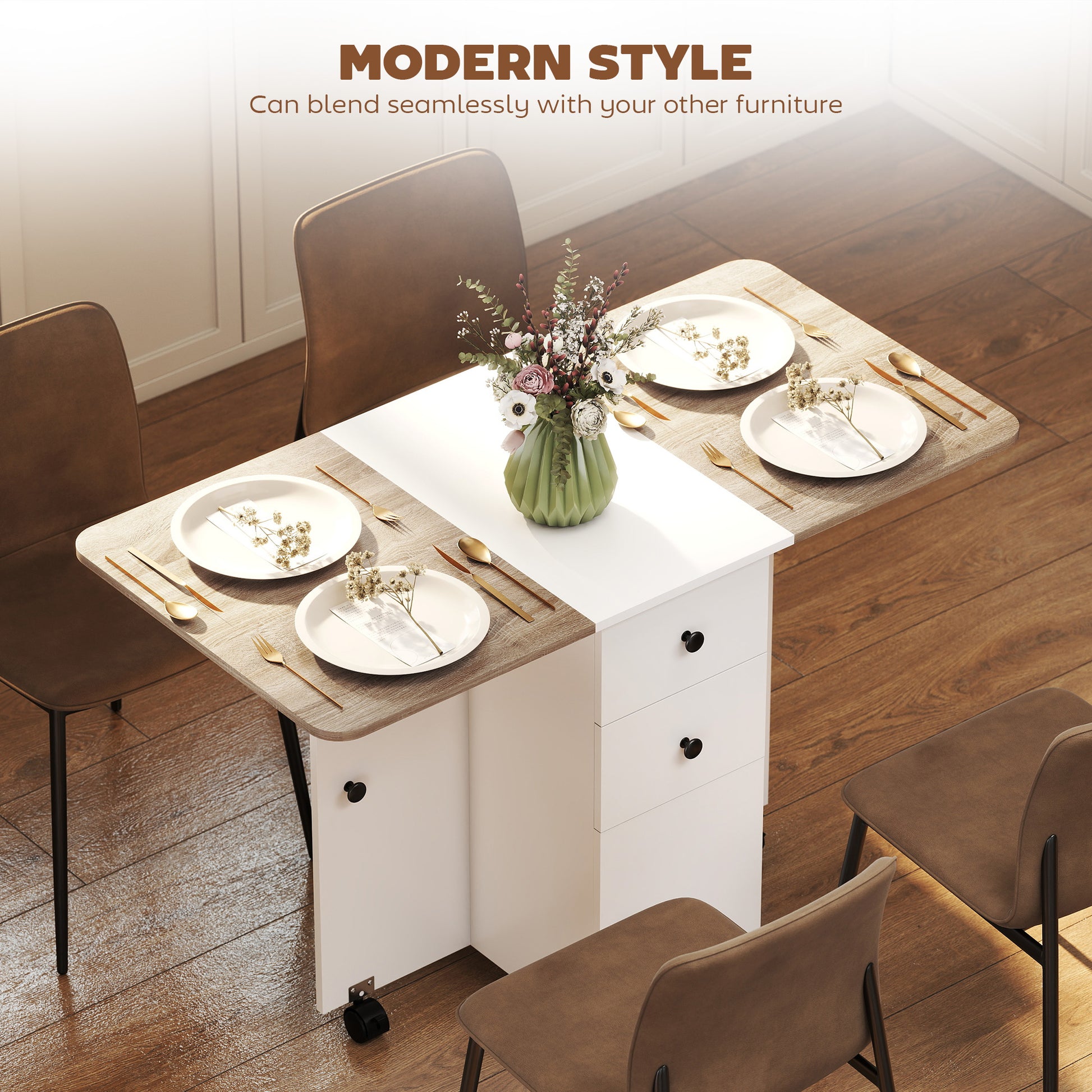 HOMCOM Multi-Storage Six-Person Drop Leaf Dining Table - Oak and White