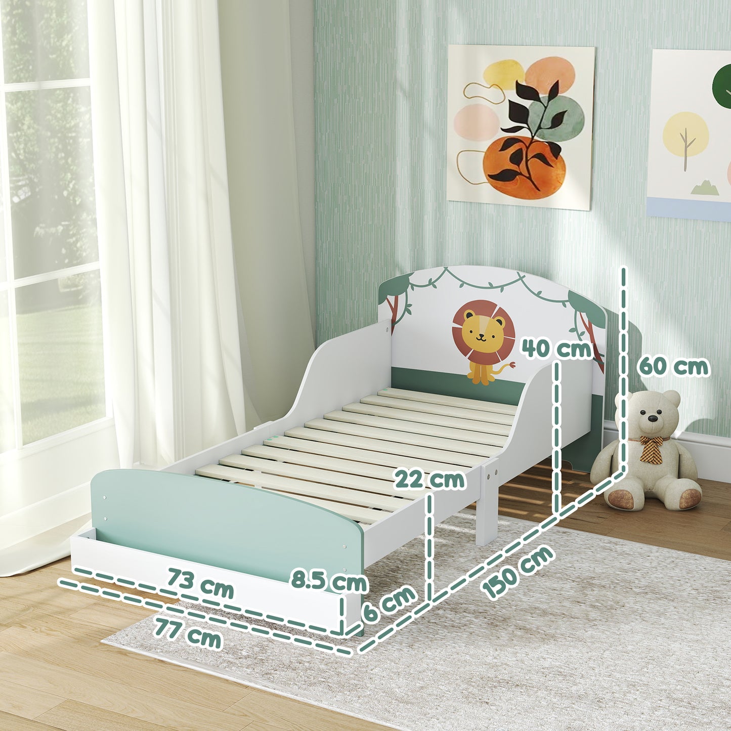AIYAPLAY Toddler Bed with Storage, Guardrails, Lion Design, for Ages 3-8 Years, Fits 140 x 70cm Mattress, Green