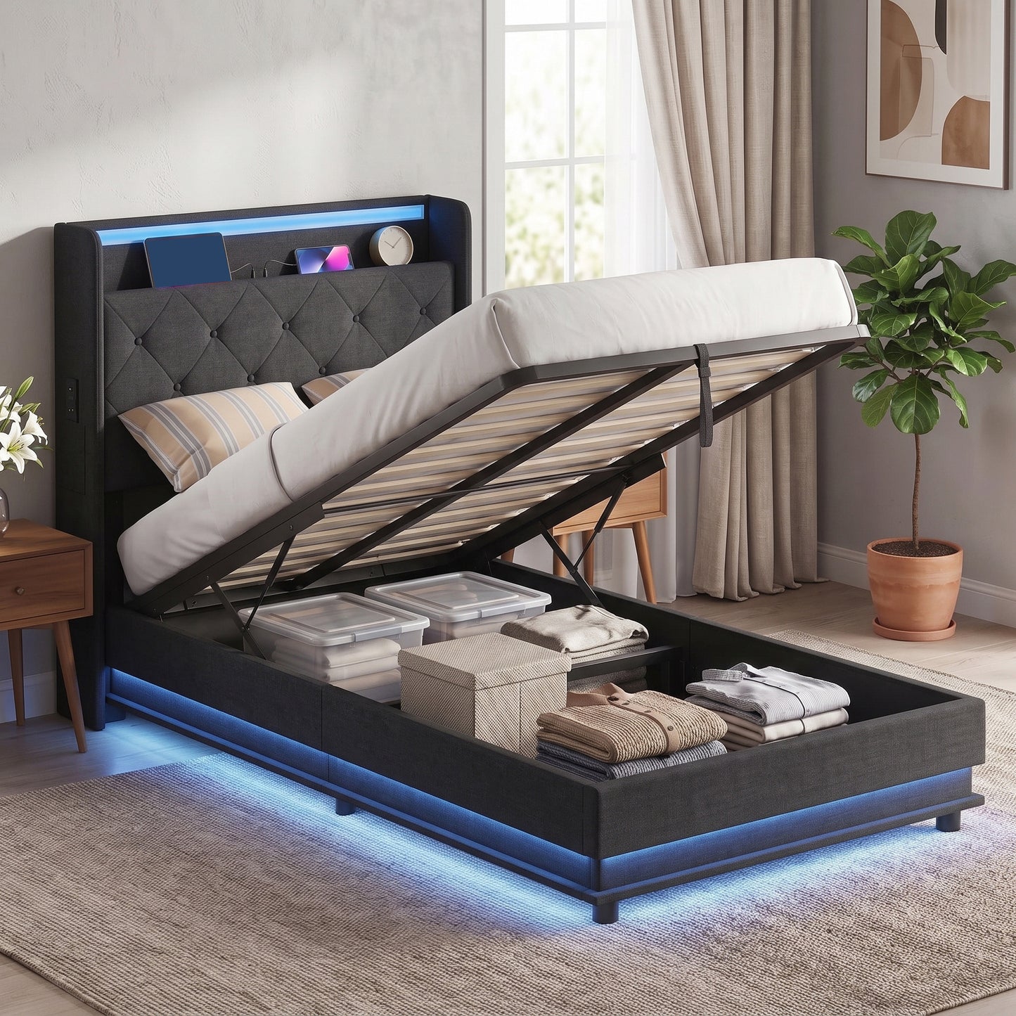 HOMCOM 3ft Single Bed Frame with Headboard, Platform Bed Frame with Hydraulic Storage, LED Lights and Charging Station, Black