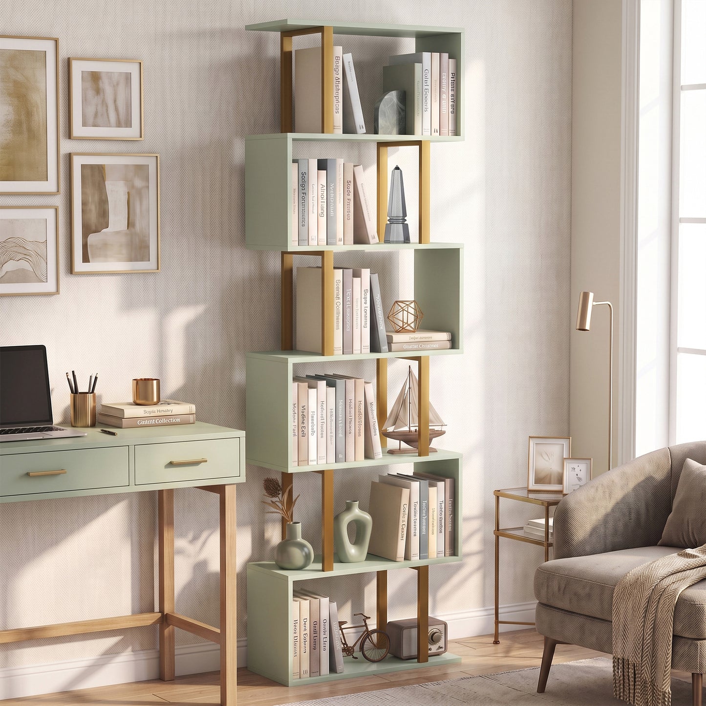 HOMCOM S-Shaped Bookshelf, 5-Tier Bookcase, Freestanding Storage Shelves with Anti-Tip Strap for Living Room, Light Green