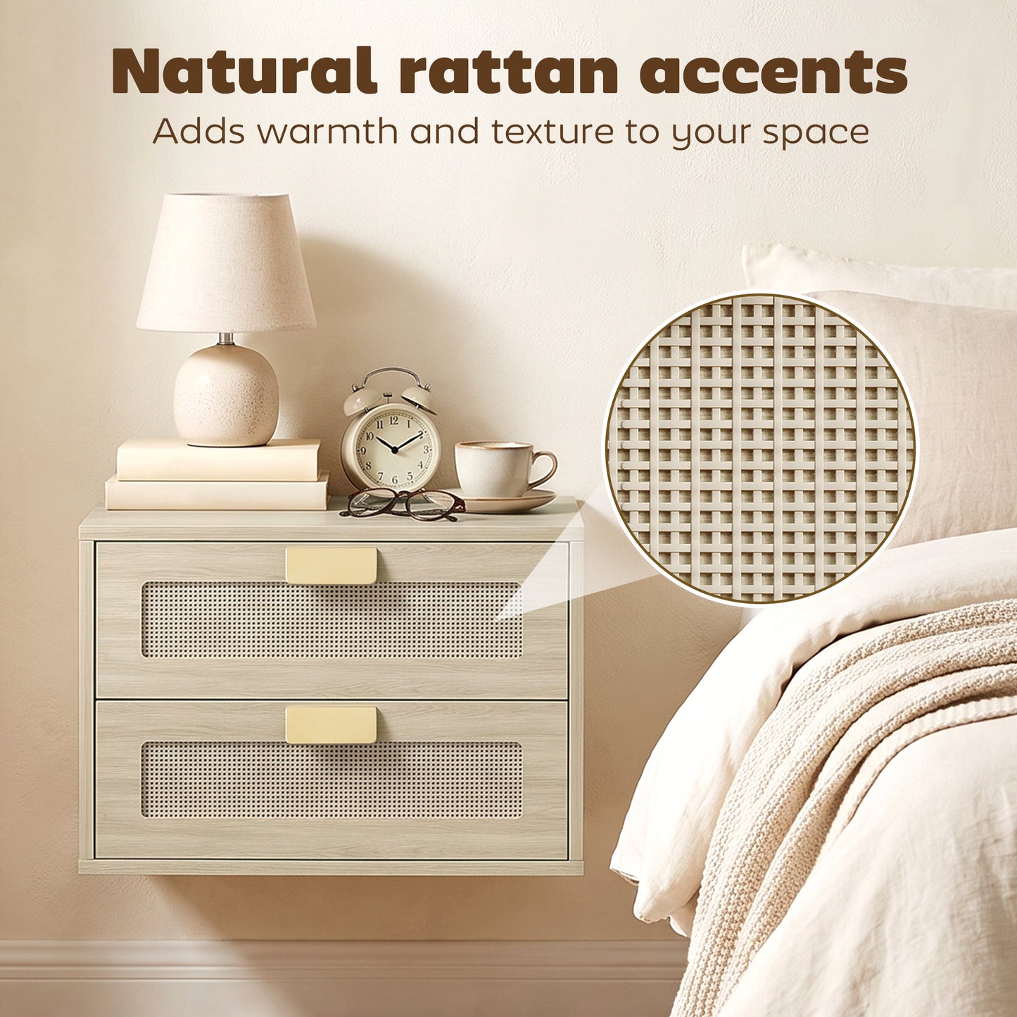 HOMCOM Modern Floating Nightstands Set of 2, Wall Mounted Bedside Tables with 2 Drawers, Oak