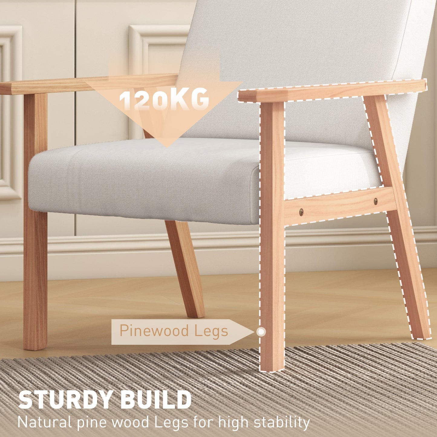 HOMCOM Modern Armchair, Linen Upholstered Sofa with Solid Wood Legs and Wide Seat, Accent Chair for Living Room Bedroom Office, Cream White