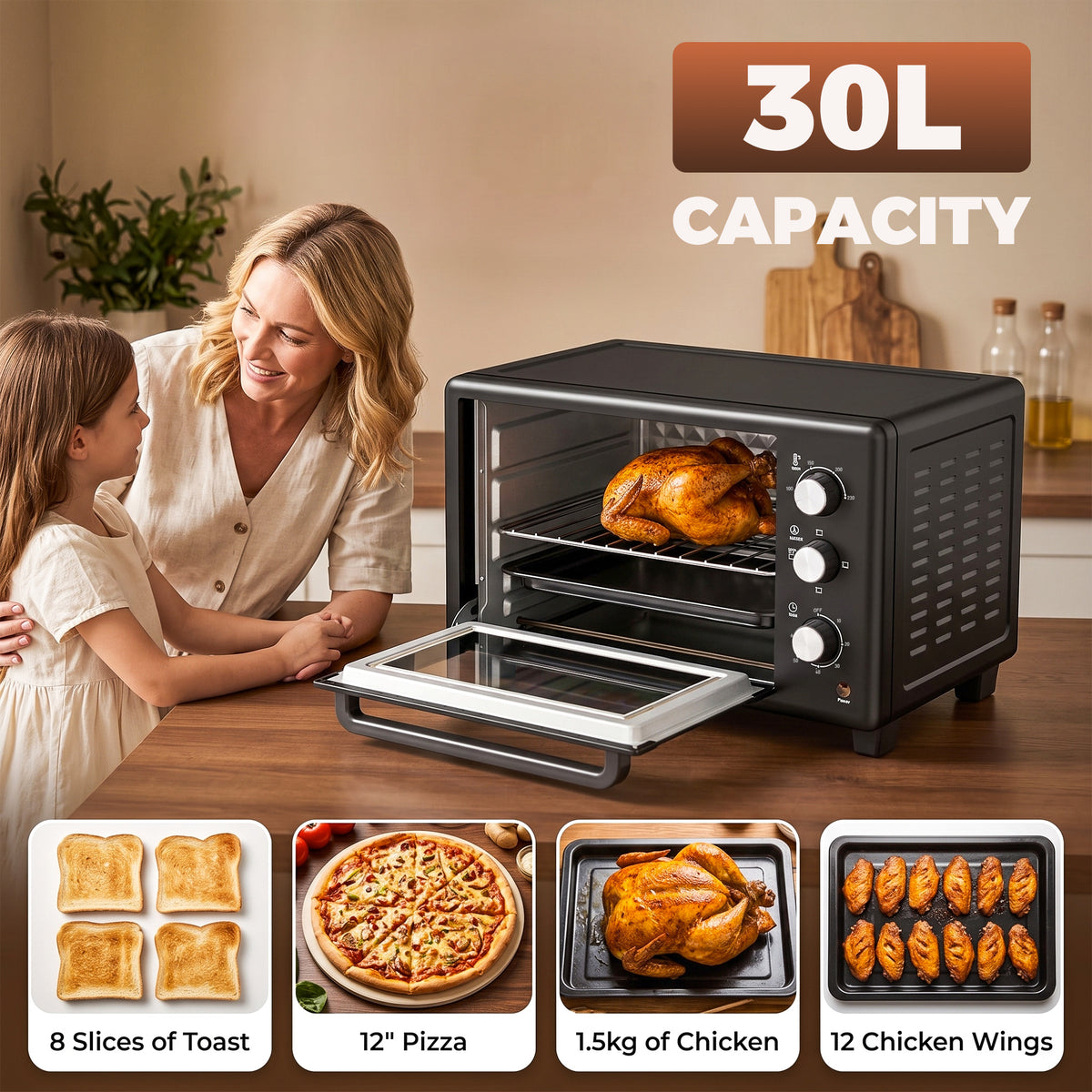 HOMCOM 30 L Mini Oven, Countertop Electric Cooker & Grill for Roasting, Baking, Grilling with Adjustable Temperature, Black