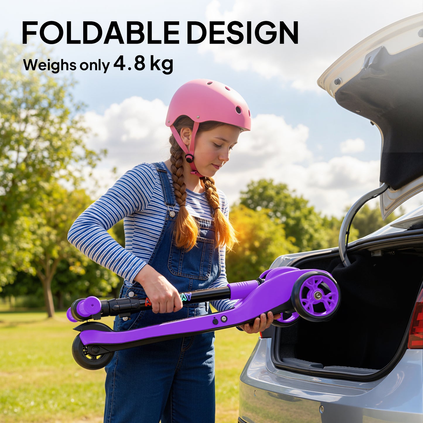 AIYAPLAY Three-Wheel Foldable Electric Scooter for Kids Aged 6-10 Years, Purple