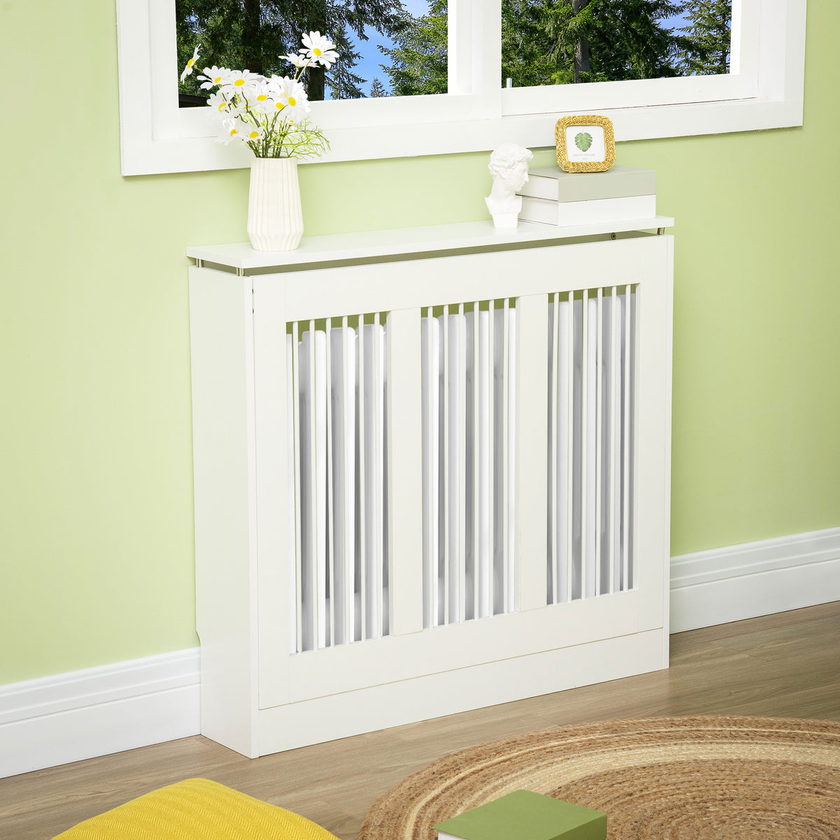HOMCOM Radiator Cover Vertical Slatted Grille Heater Cover Top Shelf MDF Steel for Heat Circulation 90 x 18 x 84 cm White
