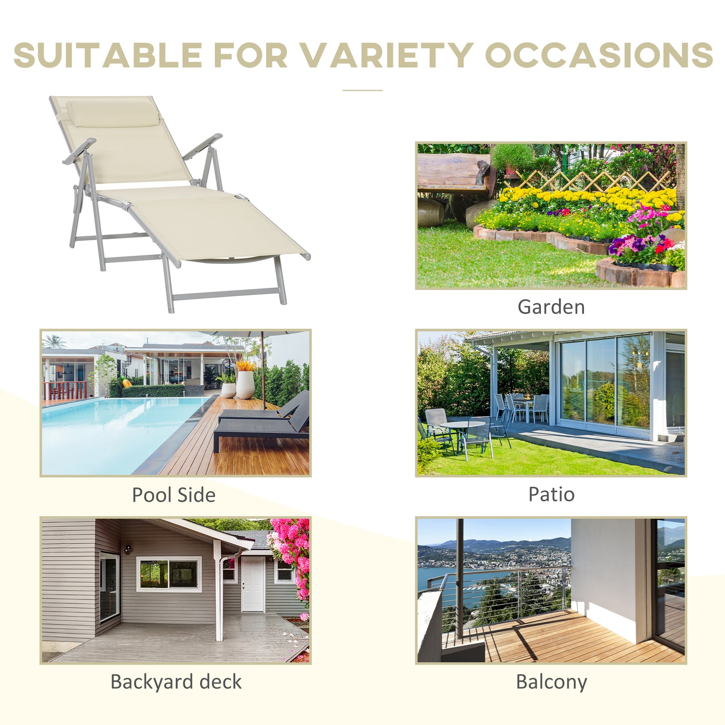 Outsunny Steel Fabric Sun Lounger Outdoor Folding Chaise Lounge Chair Recliner with Portable Design & 7 Adjustable Backrest Positions - Beige