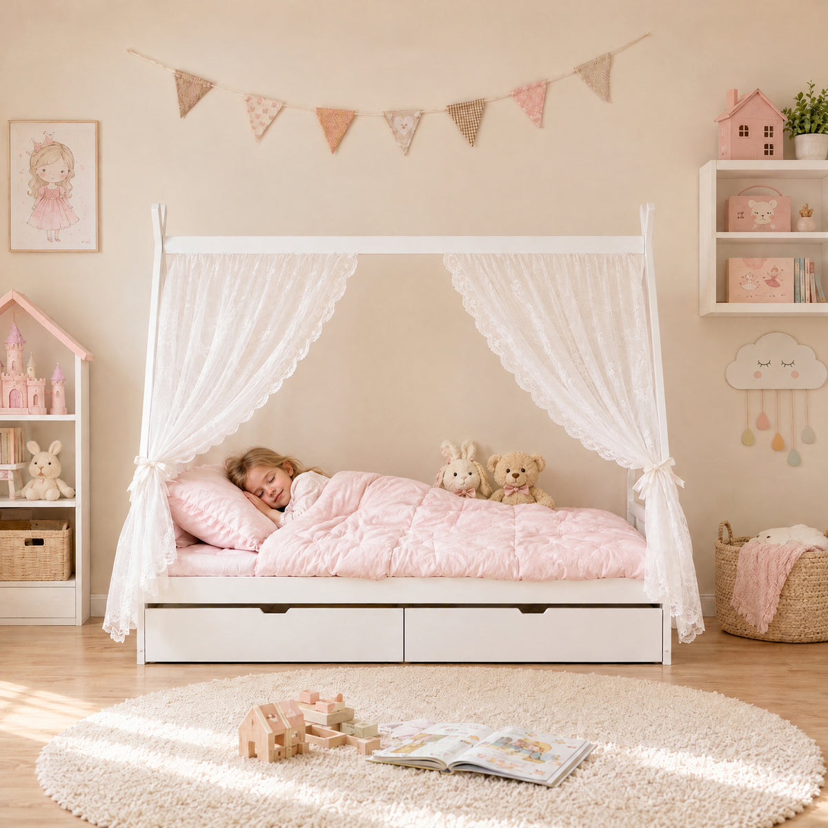 AIYAPLAY Wooden Kids House Bed Frame, Toddler Single Bed with 2 Storage Drawers and Roof, Fits 90x190cm Mattress