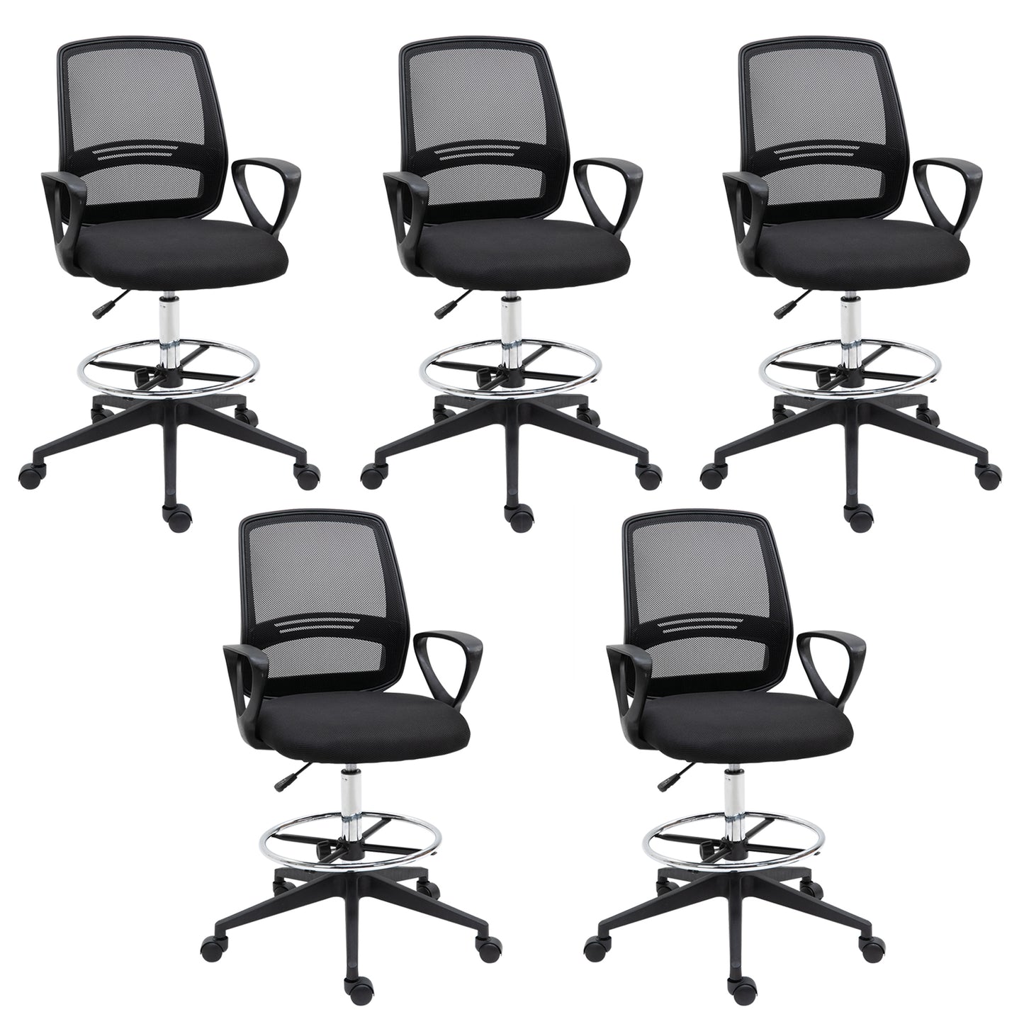 Vinsetto Ergonomic Mesh Back Drafting Chair, Tall Office Chair, Draughtsman Chair with Adjustable Height and Footrest 360Â° Swivel, Set of 5