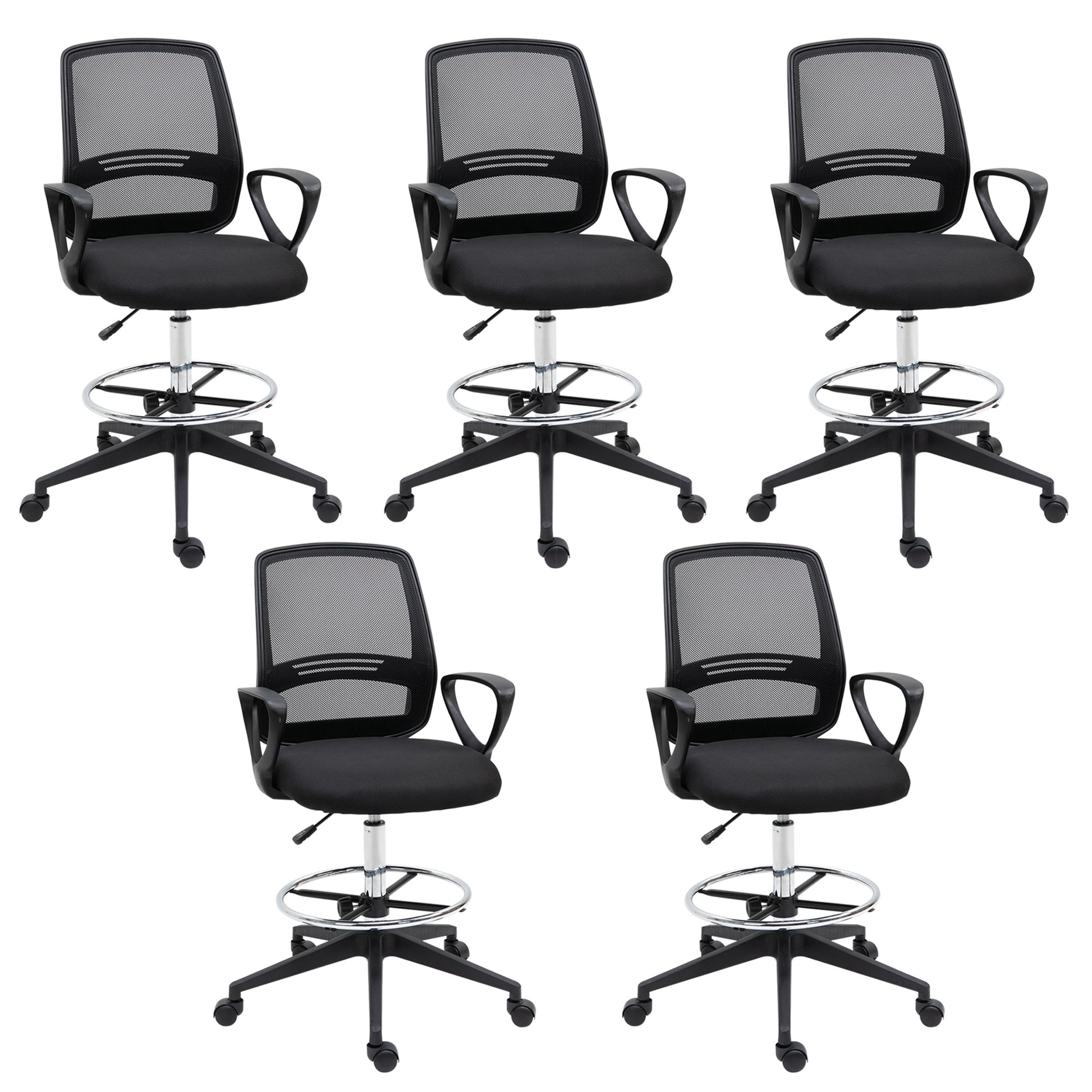 Vinsetto Ergonomic Mesh Back Drafting Chair, Tall Office Chair, Draughtsman Chair with Adjustable Height and Footrest 360Â° Swivel, Set of 5