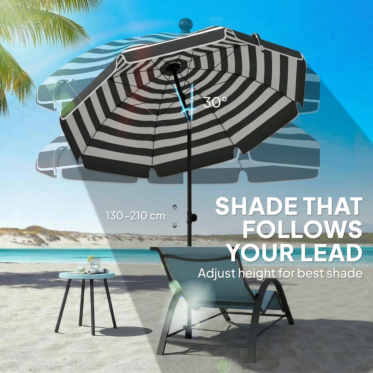 Outsunny 1.8 m Beach Umbrella Parasol with Sand Anchor, Portable 30Â° Tilting Patio Sun Shade with Adjustable Height, Grey/White
