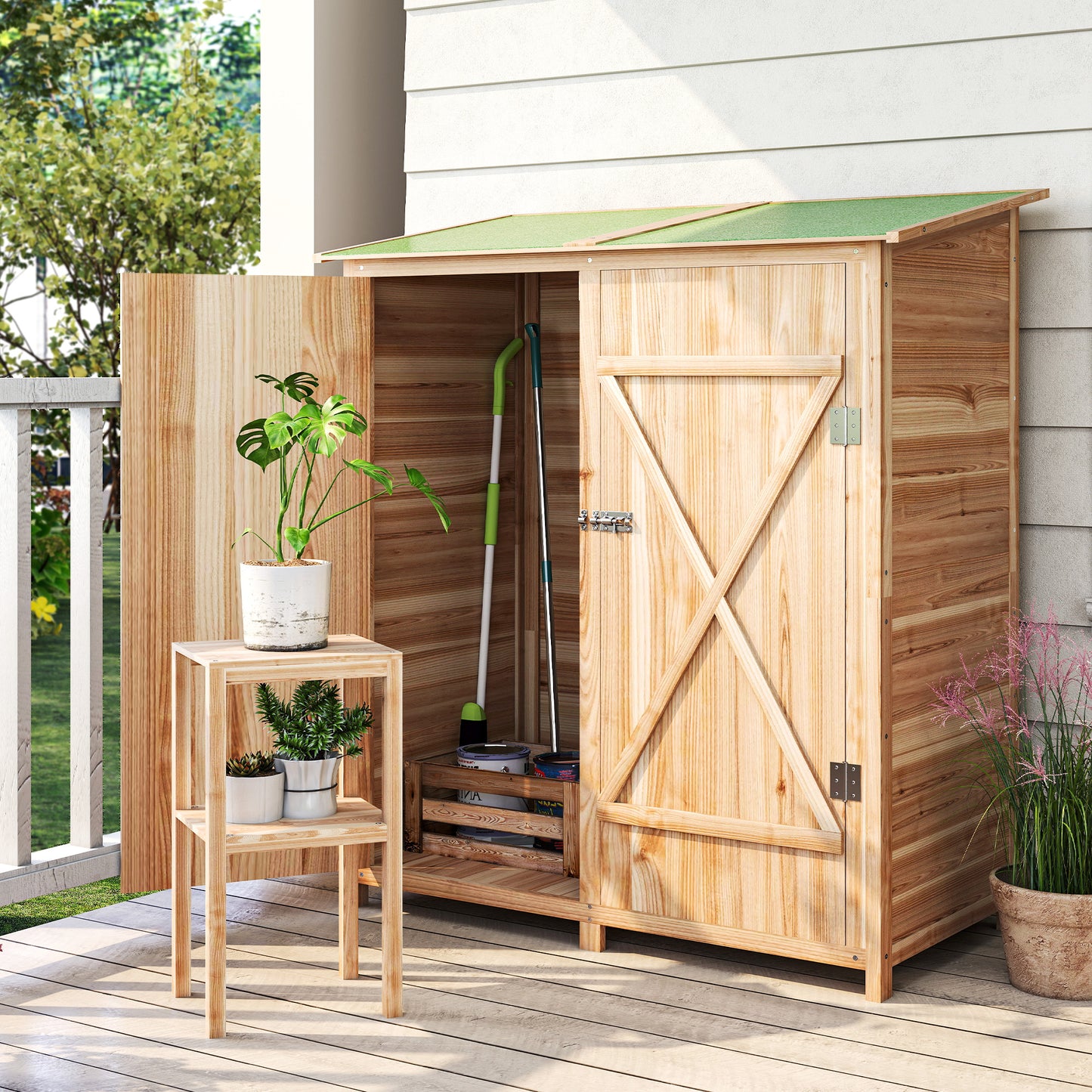 Outsunny 140 x 75 Fir Wood Garden Shed, with Asphalt Roof - Natural