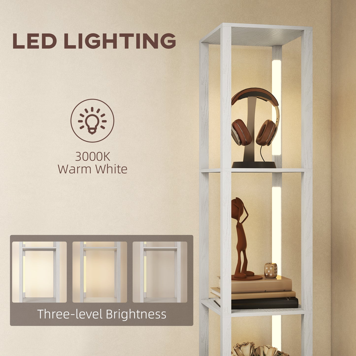 HOMCOM Floor Lamp with Shelves, LED Column Modern Standing Lamp with Fabric Drawer, Adjustable Brightness, Foot Switch for Living Room, Bedroom, Office, White