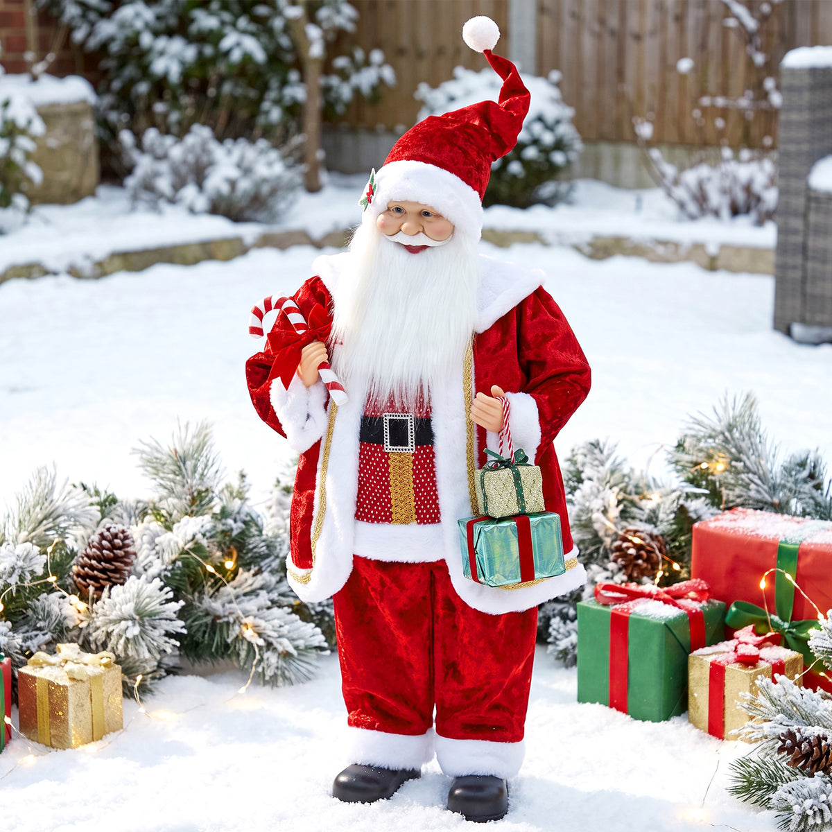 HOMCOM 120cm Life Size Singing Dancing Santa Claus, Standing Musical Animated Santa with Gift and Candy Cane, Posable Arms, Handcrafted, Sound Touch Activated, Moving Christmas Figure Decoration