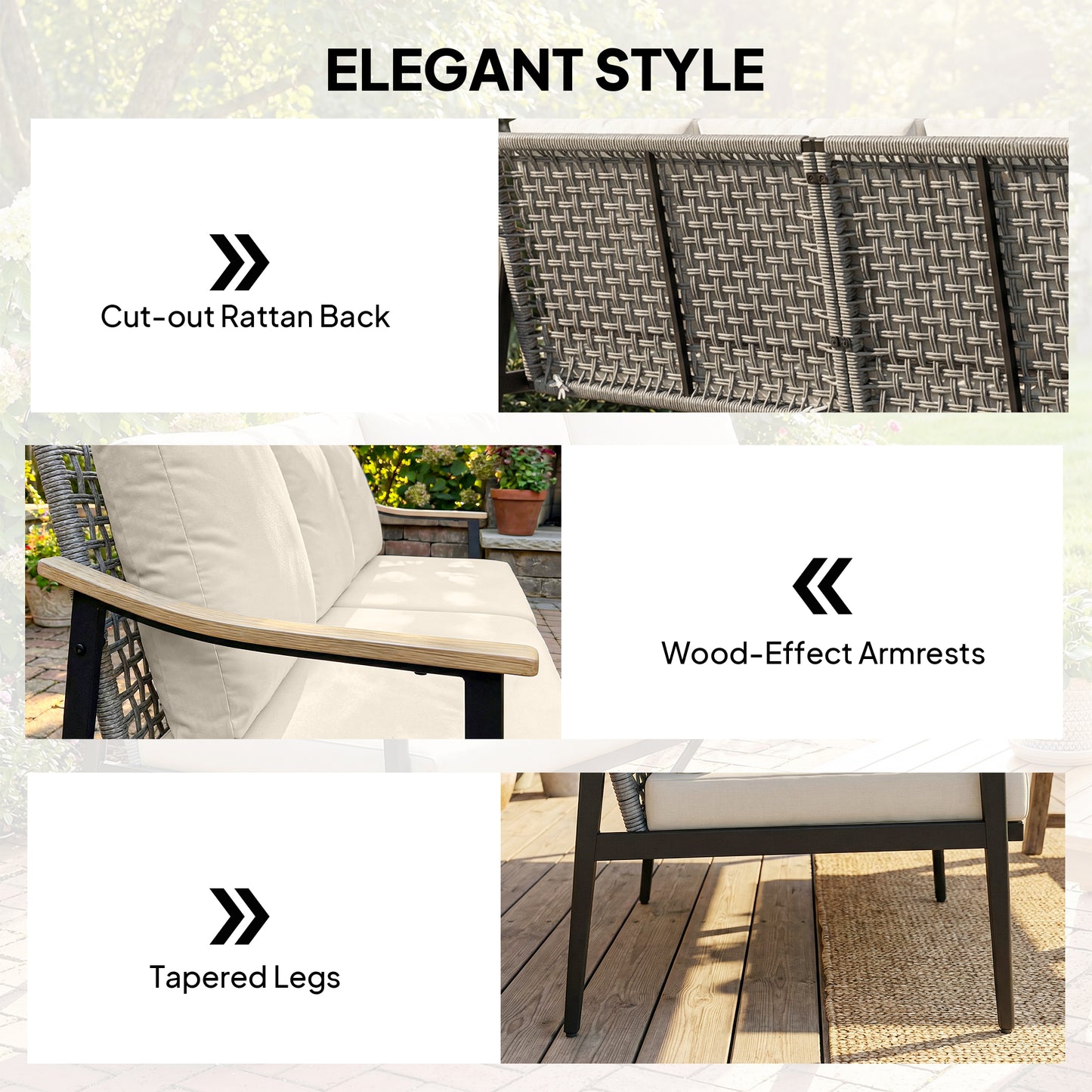Outsunny 3 Seater Rattan Sofa, Outdoor Garden Sofa with Wood-Effect Armrests, Cushions for Patio, Balcony, Khaki