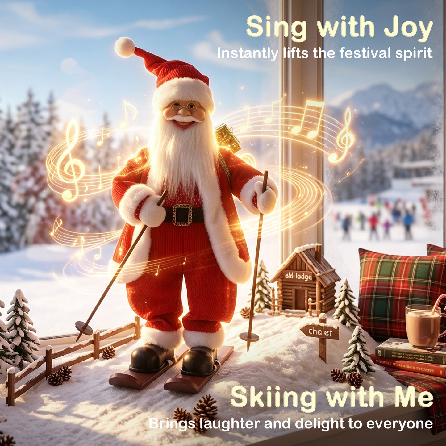 HOMCOM 2ft Singing Skiing Santa Claus, Standing Christmas Animated Santa Figure with Ski Board, Sack, Sound/Touch Activated