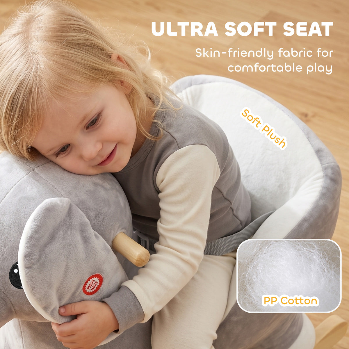 AIYAPLAY Elephant Rocking Horse, Plush Ride on Horse with Animal Sounds, Security Belt, Rocking Stopper for 18-36 Months, Grey