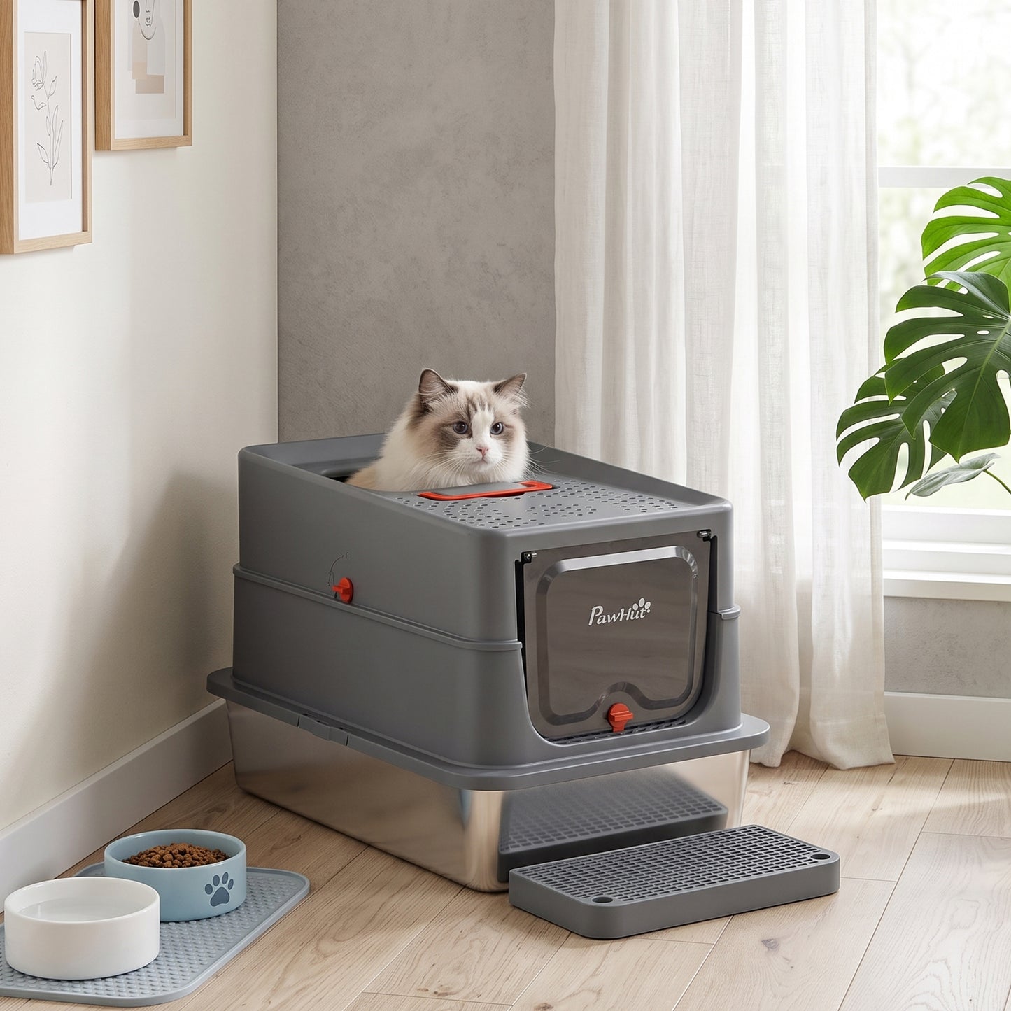 PawHut Stainless Steel Cat Litter Tray with Lid, XL 90L Enclosed Cat Litter Box with Step, Scoop, High Side, Dark Grey
